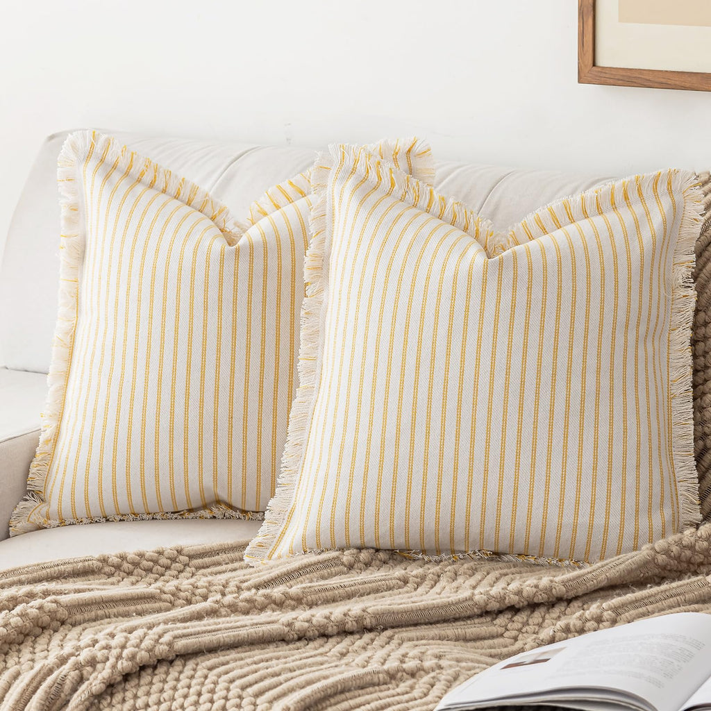 YEENAASY Throw Pillow Covers 24x24 Set of 2 Striped Fringe Pillow Cover Farmhouse Cushion Covers with Tassel Neutral Boho Pillows Decorative Square Pillowcase for Couch Sofa Bed, Khaki