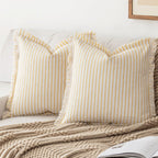 YEENAASY Throw Pillow Covers 24x24 Set of 2 Striped Fringe Pillow Cover Farmhouse Cushion Covers with Tassel Neutral Boho Pillows Decorative Square Pillowcase for Couch Sofa Bed, Khaki