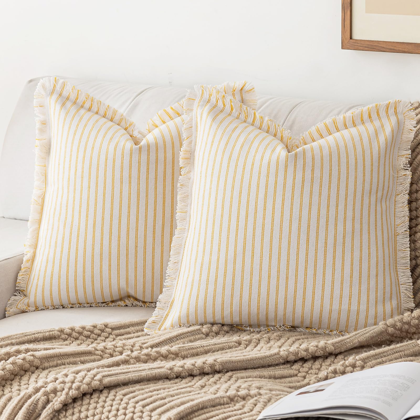 YEENAASY Throw Pillow Covers 24x24 Set of 2 Striped Fringe Pillow Cover Farmhouse Cushion Covers with Tassel Neutral Boho Pillows Decorative Square Pillowcase for Couch Sofa Bed, Khaki