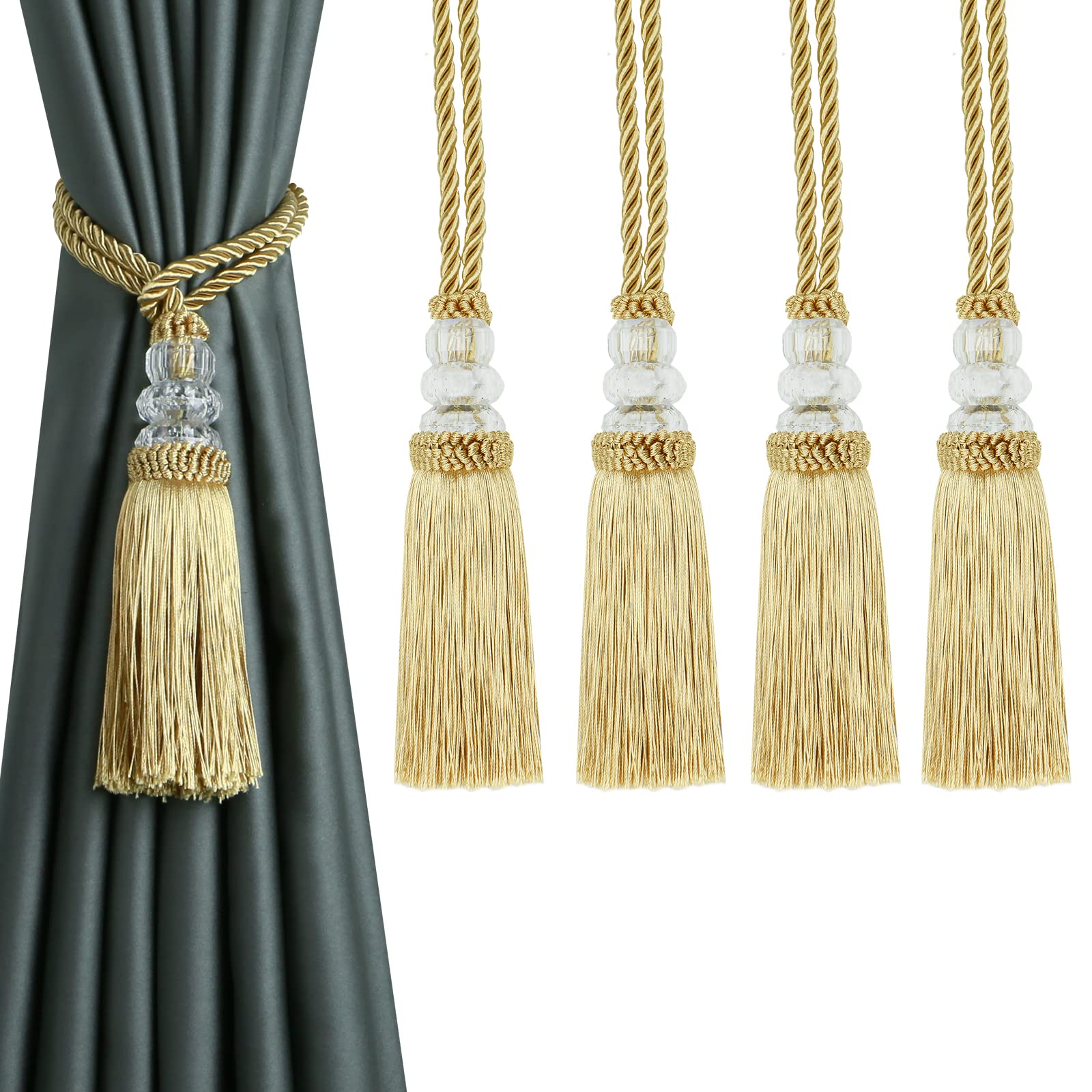 6 Pack Curtain Tiebacks with Tassel, Outdoor Elegant Decorative Curtain Holdback,Modern Rope Window Curtain Ties Backs for Draperies (6, Gold)