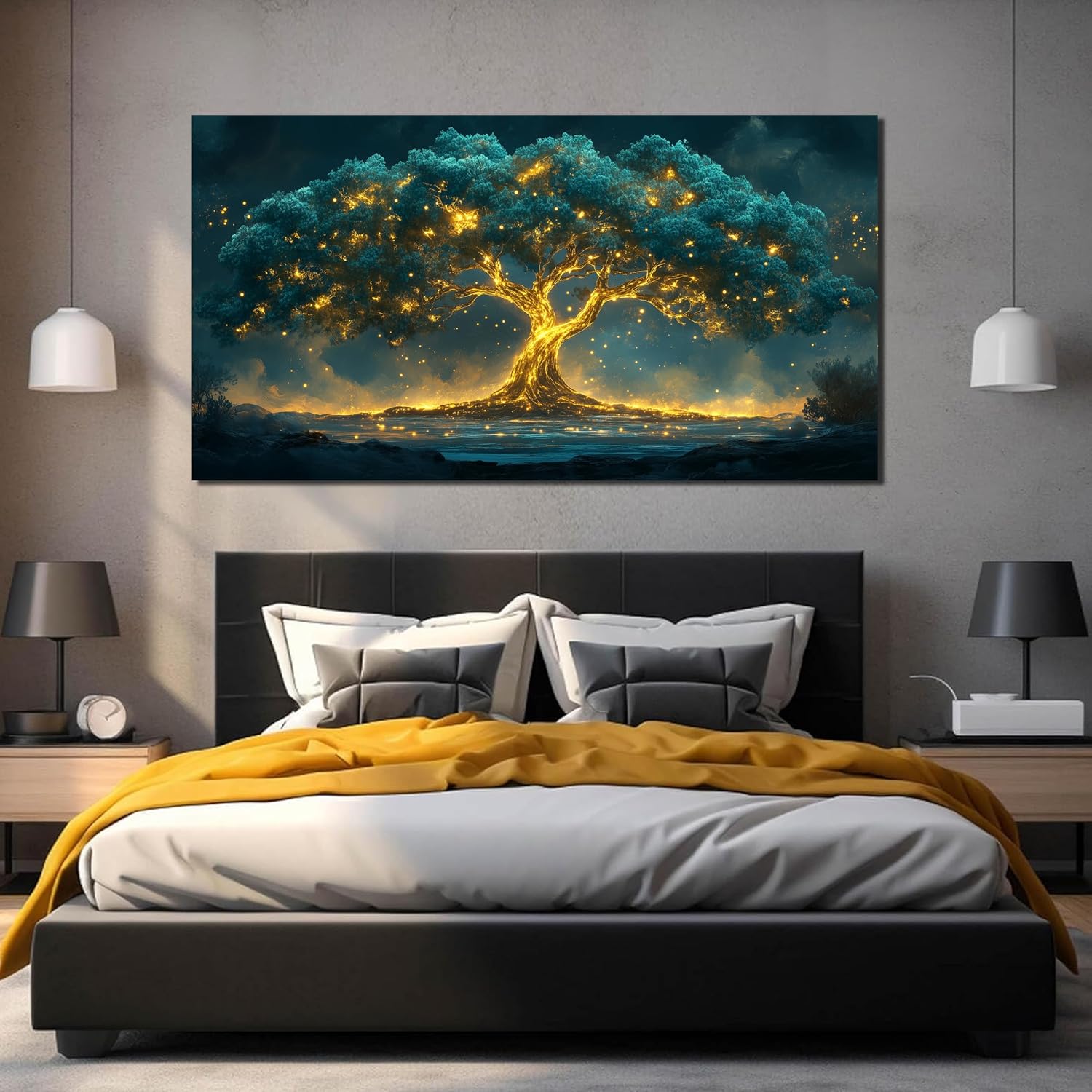 29"X58" Tree of Life Canvas Print, Green Gold Artwork for Home Wall Decoration