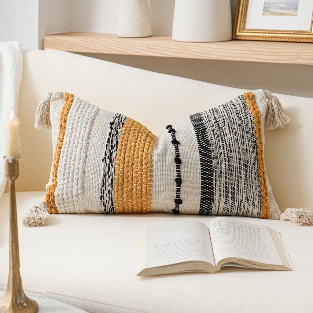 BlissBlush Coastal Blue Boho Decorative Throw Pillow Cover 22x22 Modern Bohemian Accent Pillow Case Square Woven Textured Farmhouse Pillows for Couch Bed (Pack of 1)