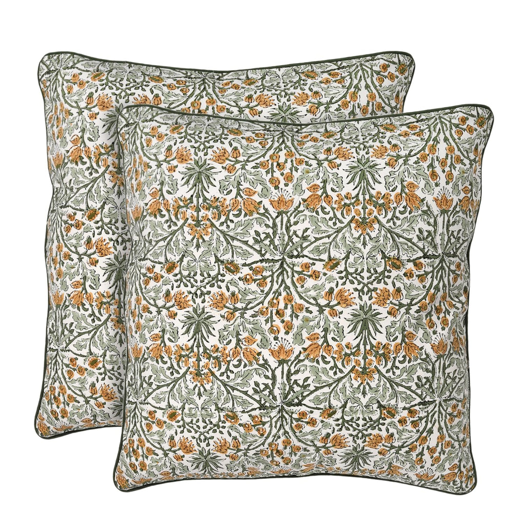 Ridhi Block Print Asparagus Green Pillow Cover 20" x 20" (Pack of 2) Decorative Couch Pillows for Living Room, Farmhouse Chic Boho Cute Outdoor Pillows Covers Gifts for Spring, Mother's Day