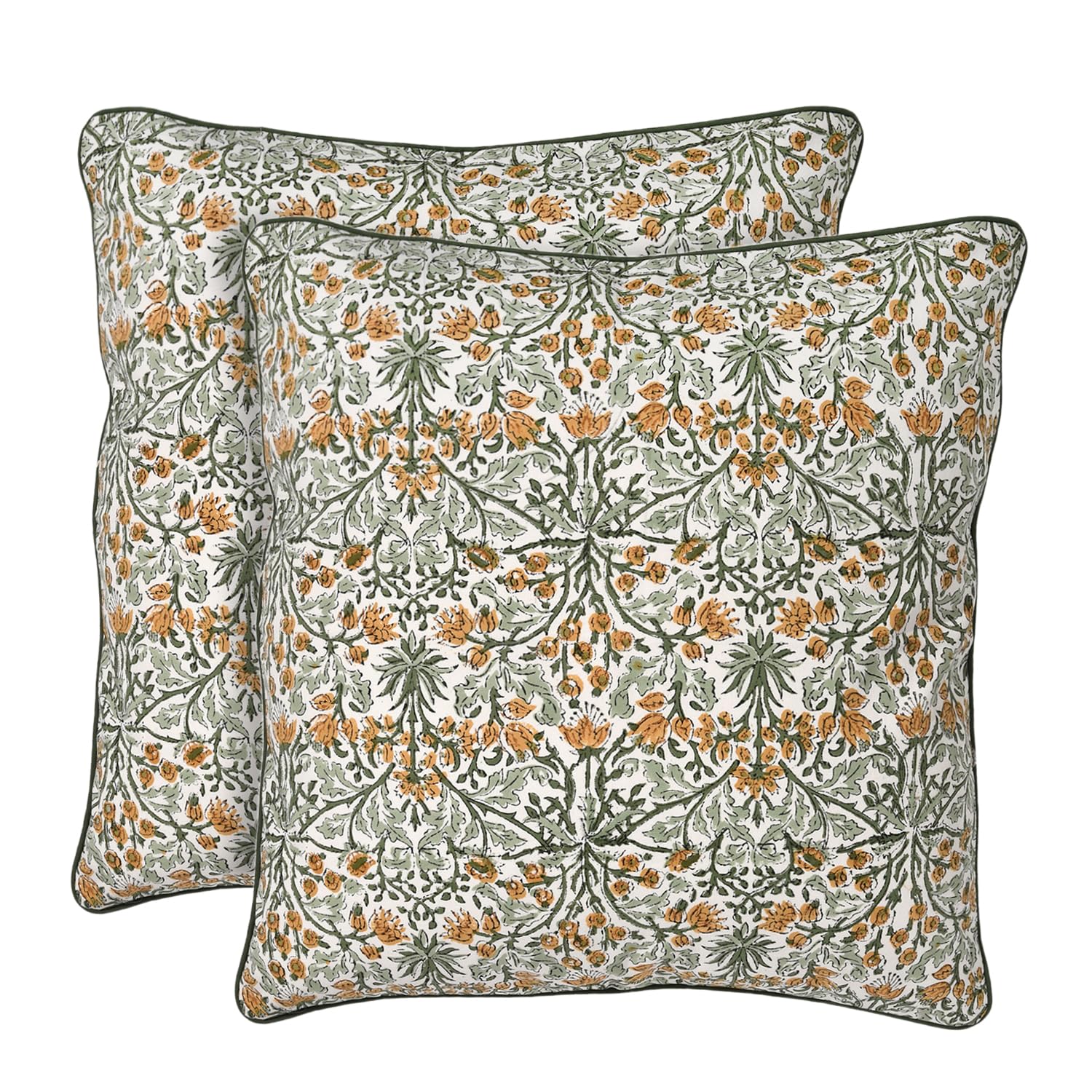 Ridhi Block Print Asparagus Green Pillow Cover 20" x 20" (Pack of 2) Decorative Couch Pillows for Living Room, Farmhouse Chic Boho Cute Outdoor Pillows Covers Gifts for Spring, Mother's Day