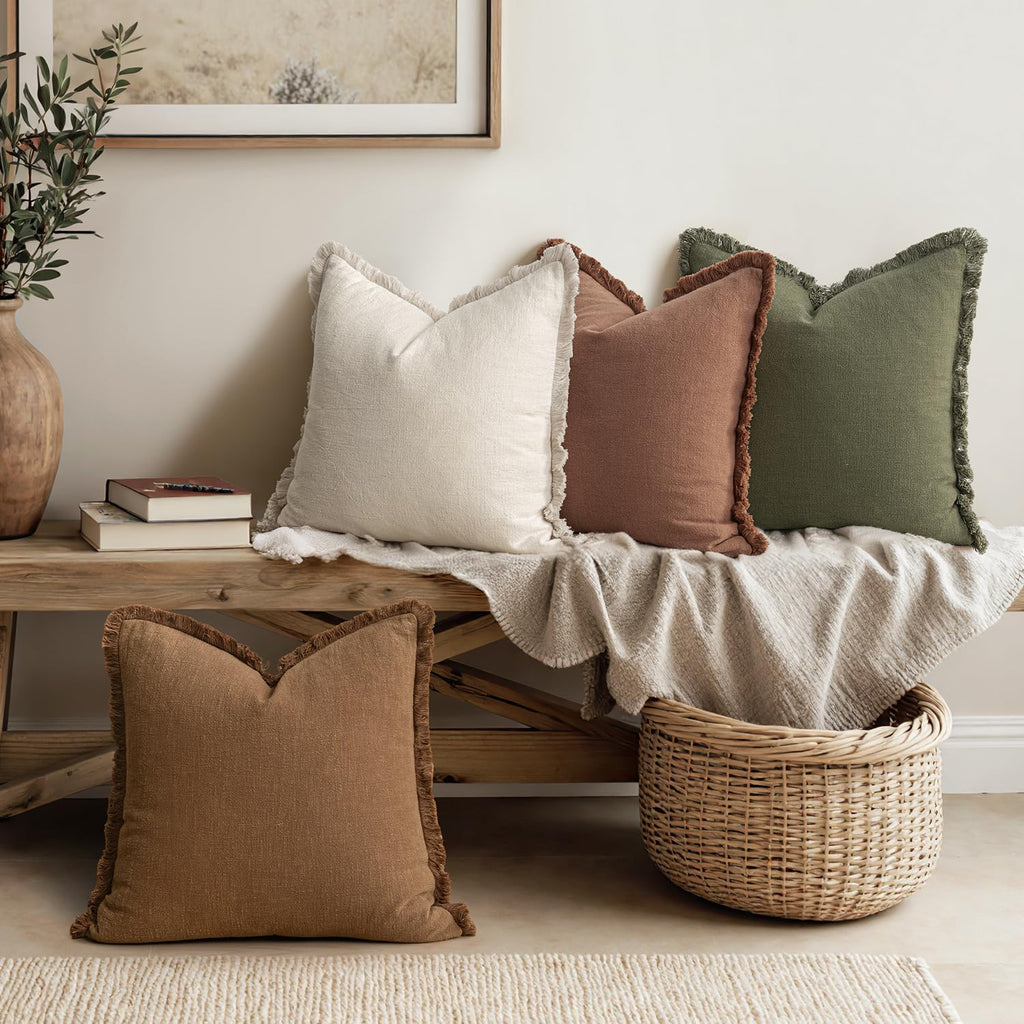 MIULEE Decorative Couch Pillow Covers Neutral Linen Fringe Throw Pillows Set of 4 Soft Rustic Cushions Boho Farmhouse Pillowcases for Bed Sofa Living Room Spring Decor 20x20 Inch Beige/Brown/Green