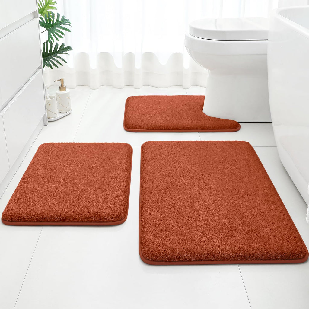 HOMEIDEAS Upgraded Bathroom Rugs Set 3 Piece, Extra Thick Absorbent Soft Memory Foam, Washable Toilet Bath Mat (Grey,17"x24"+20"x32"+U Shape 20"x24")