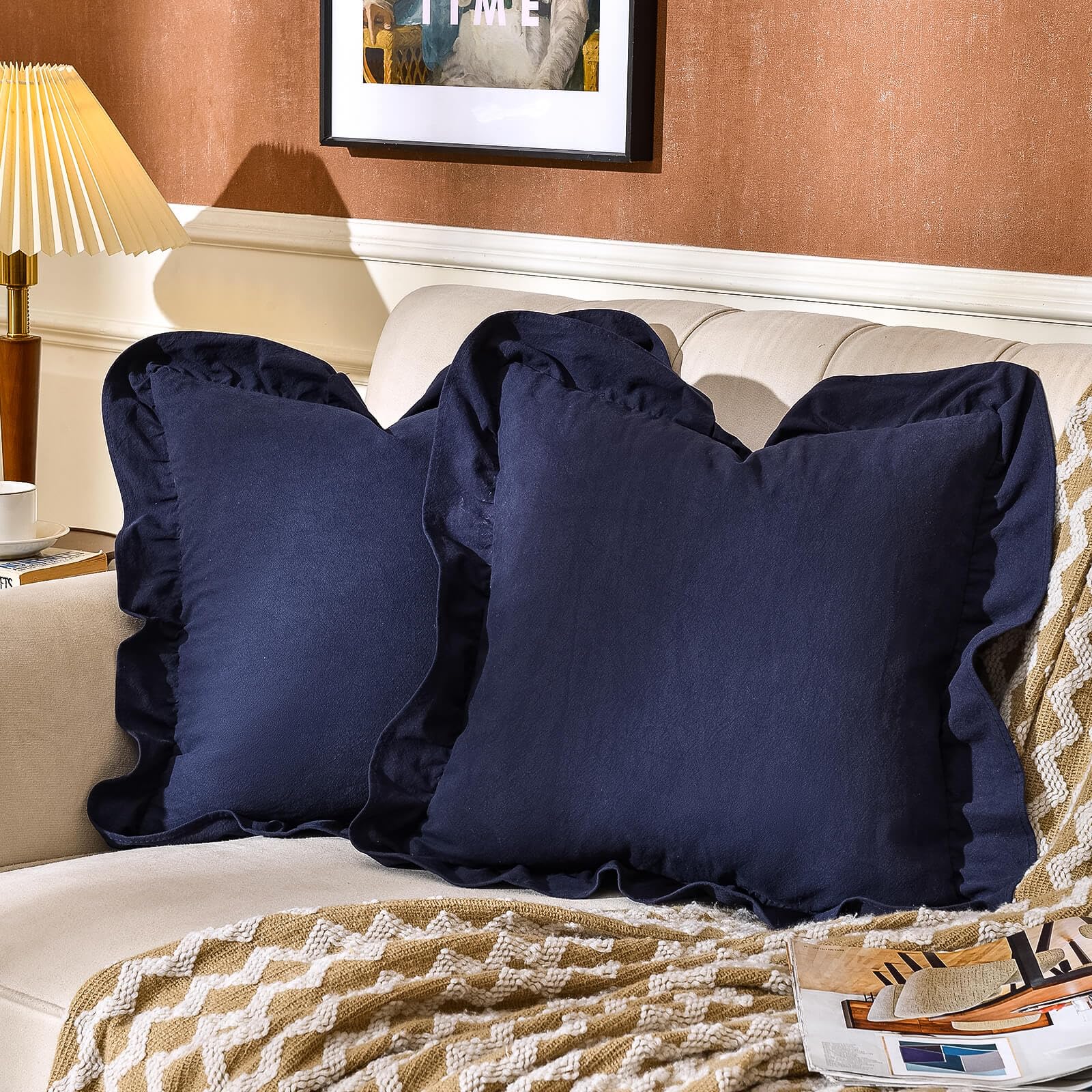 24×24" Ruffle Cotton Throw Pillow Covers, 2 Pack Beige