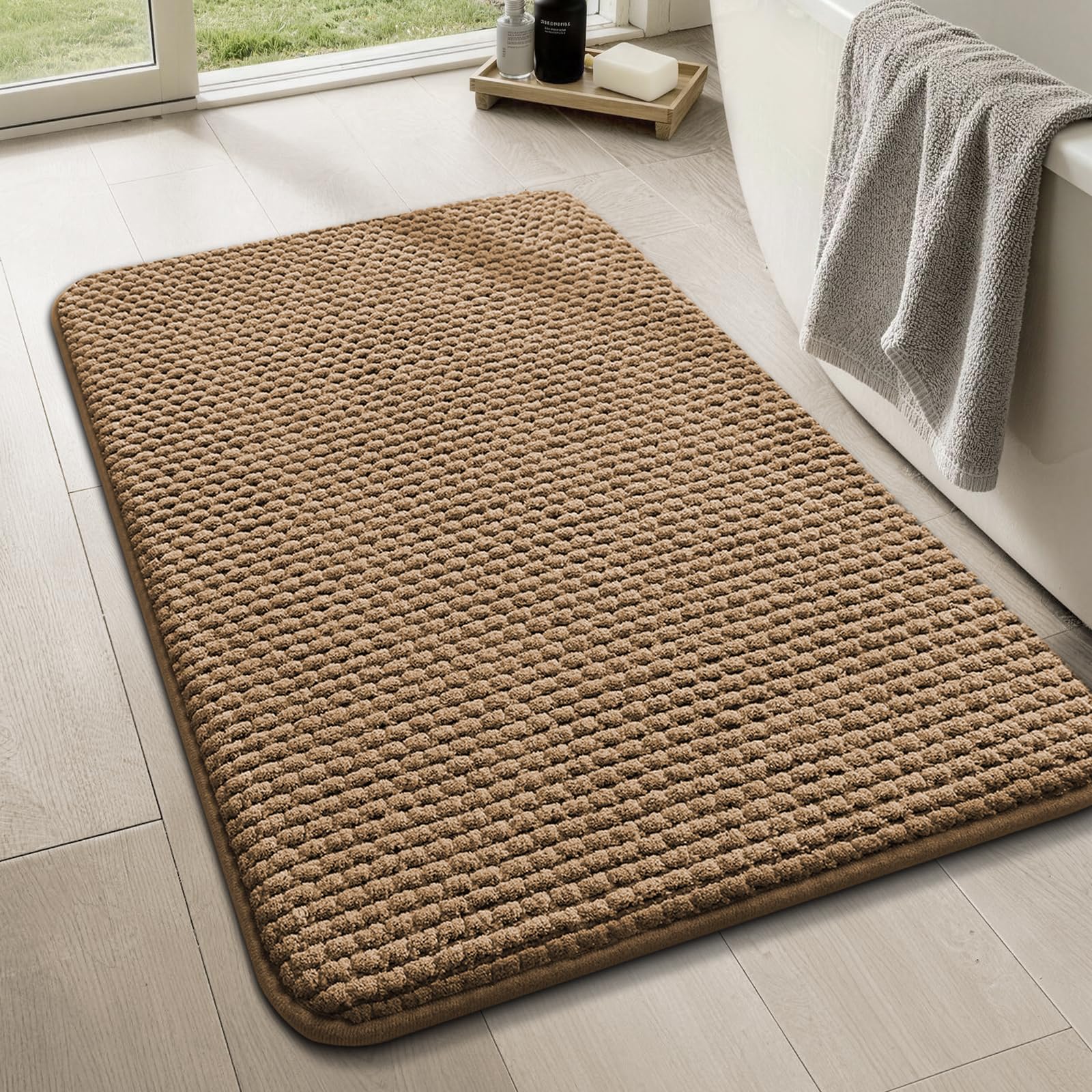 YIHOUSE Bathroom Rugs Set 5 Piece, Extra Soft Absorbent Chenille Bath Mats & U-Shaped Contour Toilet Rug, Non Slip Machine Washable Bath Mat for Shower Tub Sink, Beige