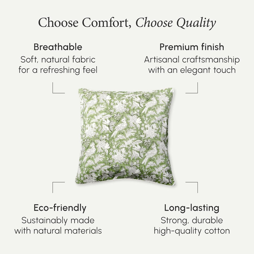 CPC 100% Cotton Throw Pillow Covers 20x20 Inch, Set of 2 Green Block Print Pattern Couch Pillow, Cute Boho Decorative Pillows for Living Room, Bedroom with Hidden Zipper- Olive Green