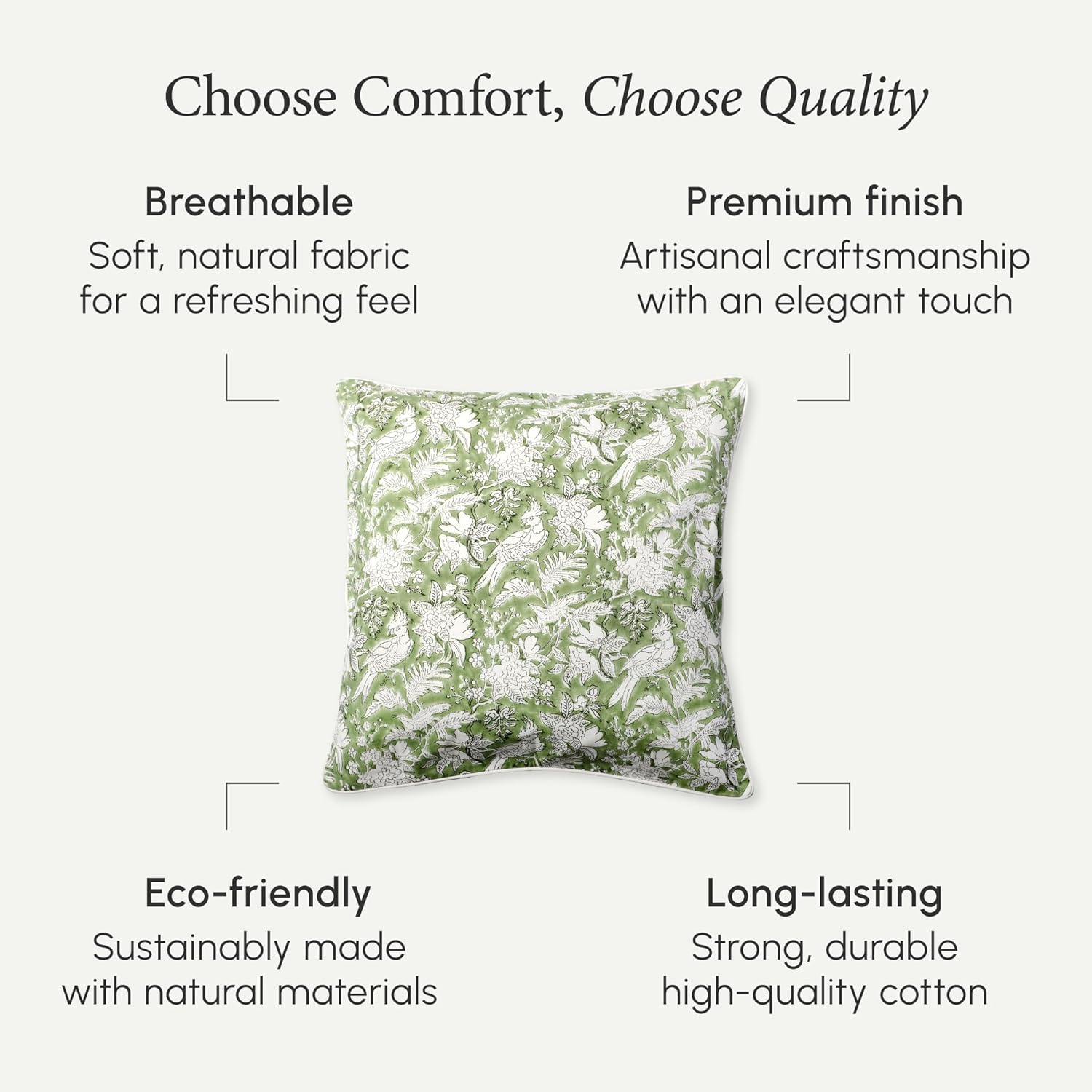 CPC 100% Cotton Throw Pillow Covers 20x20 Inch, Set of 2 Green Block Print Pattern Couch Pillow, Cute Boho Decorative Pillows for Living Room, Bedroom with Hidden Zipper- Olive Green