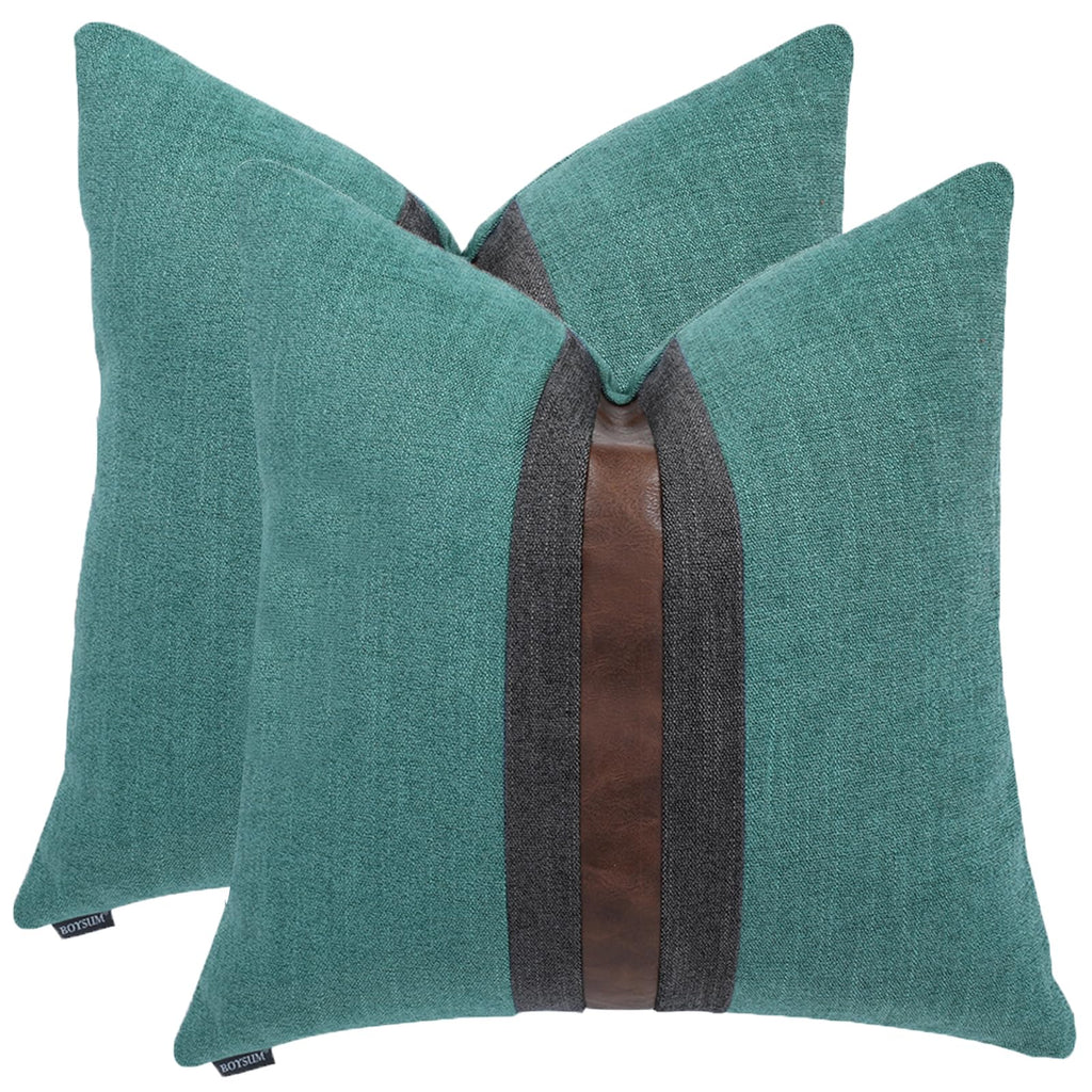 Set of 2 Leather Throw Pillow Covers Cotton Linen Decor Patchwork Pillow Cover Faux Leather Pillows Cover for Couch Sofa Living Room Bedroom,Beige 24"x24"