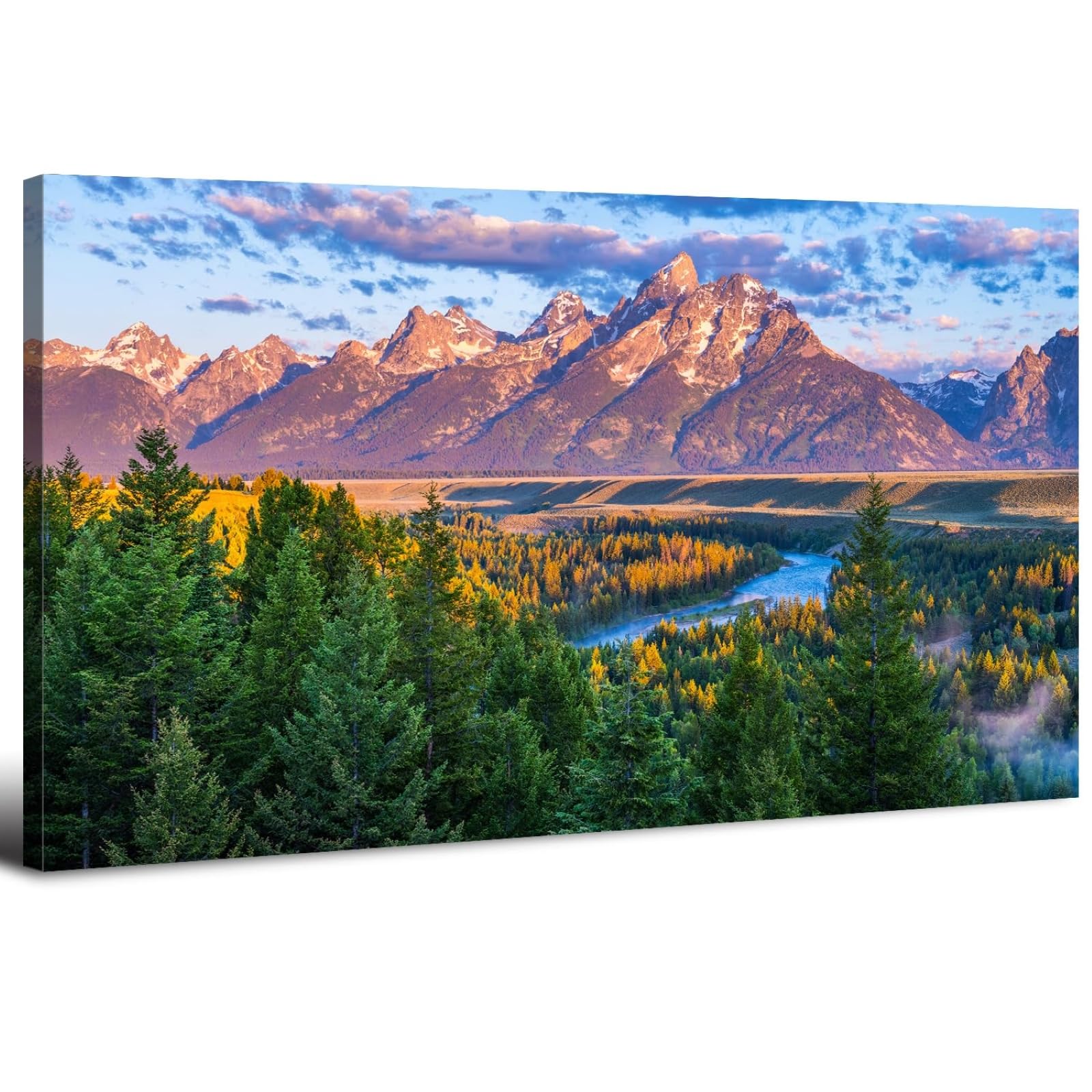 Sunset Mountain Wall Art for Living Room Nature Grand Teton Landscape Canvas Wall Decor National Park Wall Art Oxbow Bend Snake River Scenery Wyoming Painting Artwork Office Home Decoration 20x40"