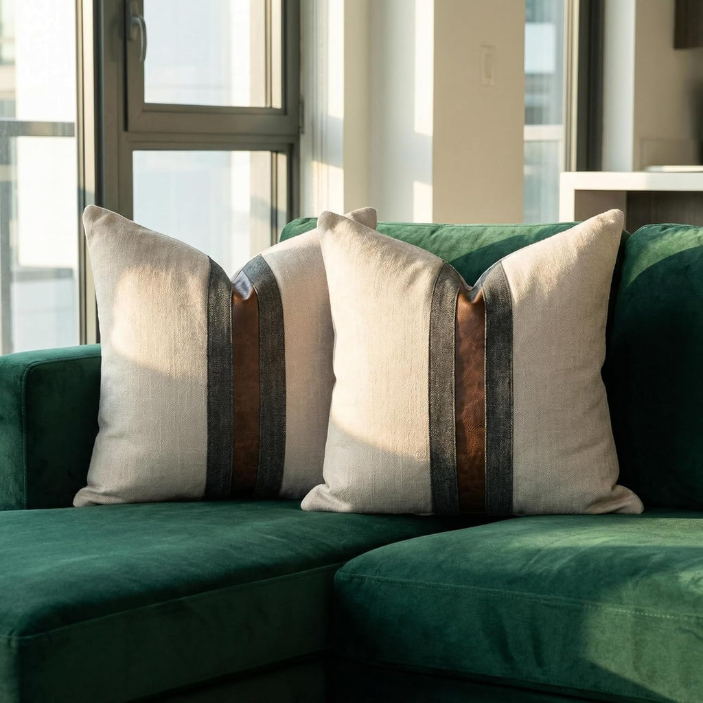 Set of 2 Leather Throw Pillow Covers Cotton Linen Decor Patchwork Pillow Cover Faux Leather Pillows Cover for Couch Sofa Living Room Bedroom,Beige 24"x24"