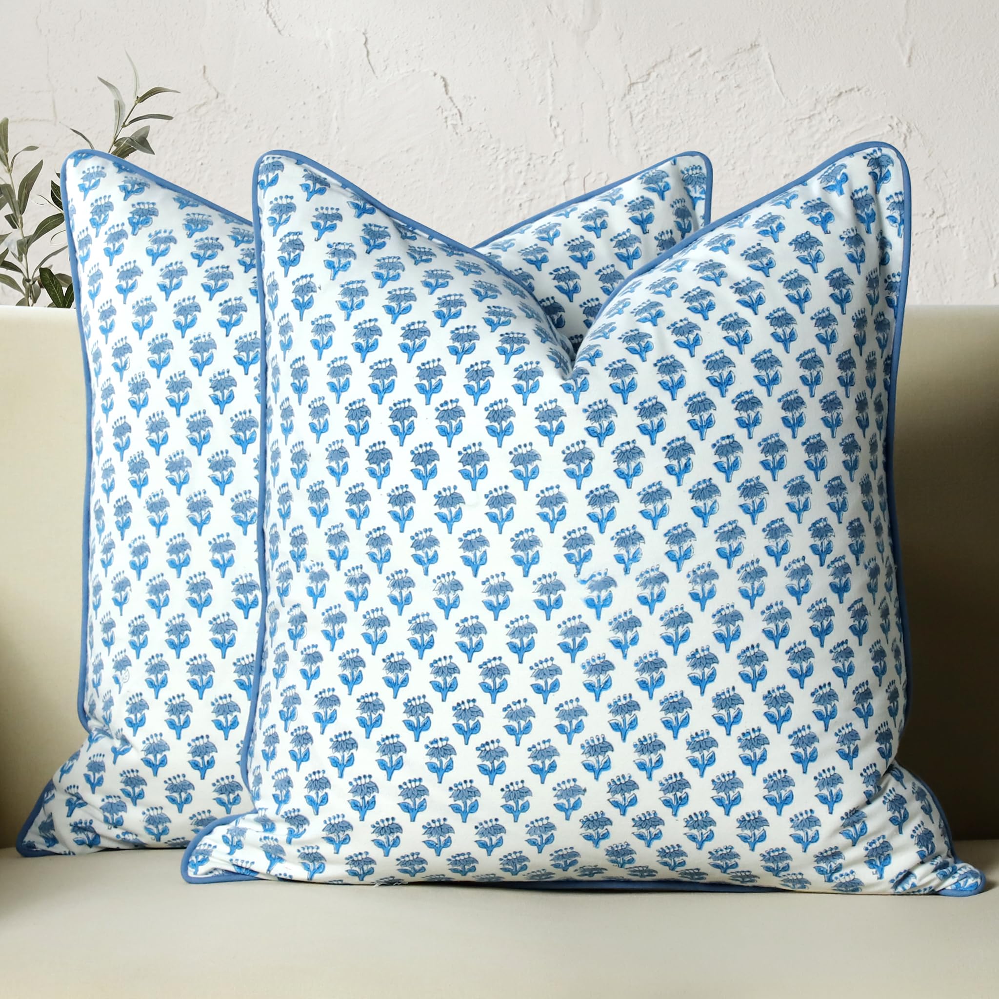 CPC 100% Cotton Throw Pillow Covers 20x20 Inch, Set of 2 Green Block Print Pattern Couch Pillow, Cute Boho Decorative Pillows for Living Room, Bedroom with Hidden Zipper- Royal Blue