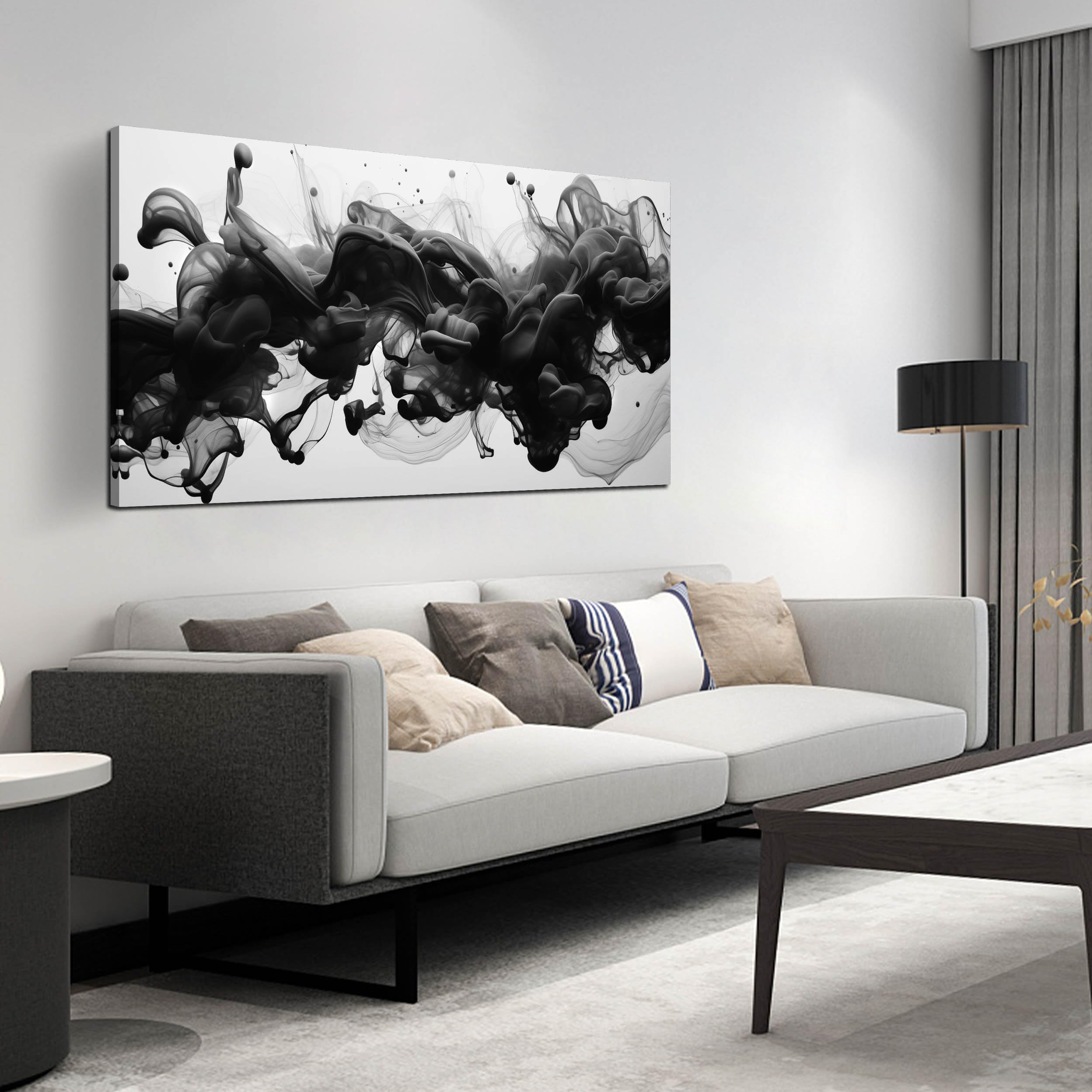 Abstract Black and White Wall Art for Living Room, Modern Minimalist Neutral Canvas Printed Painting Decorative-Picture Wall-Decor Artwork for Bedroom Dining Room Home Office, Size 40x20 Inches