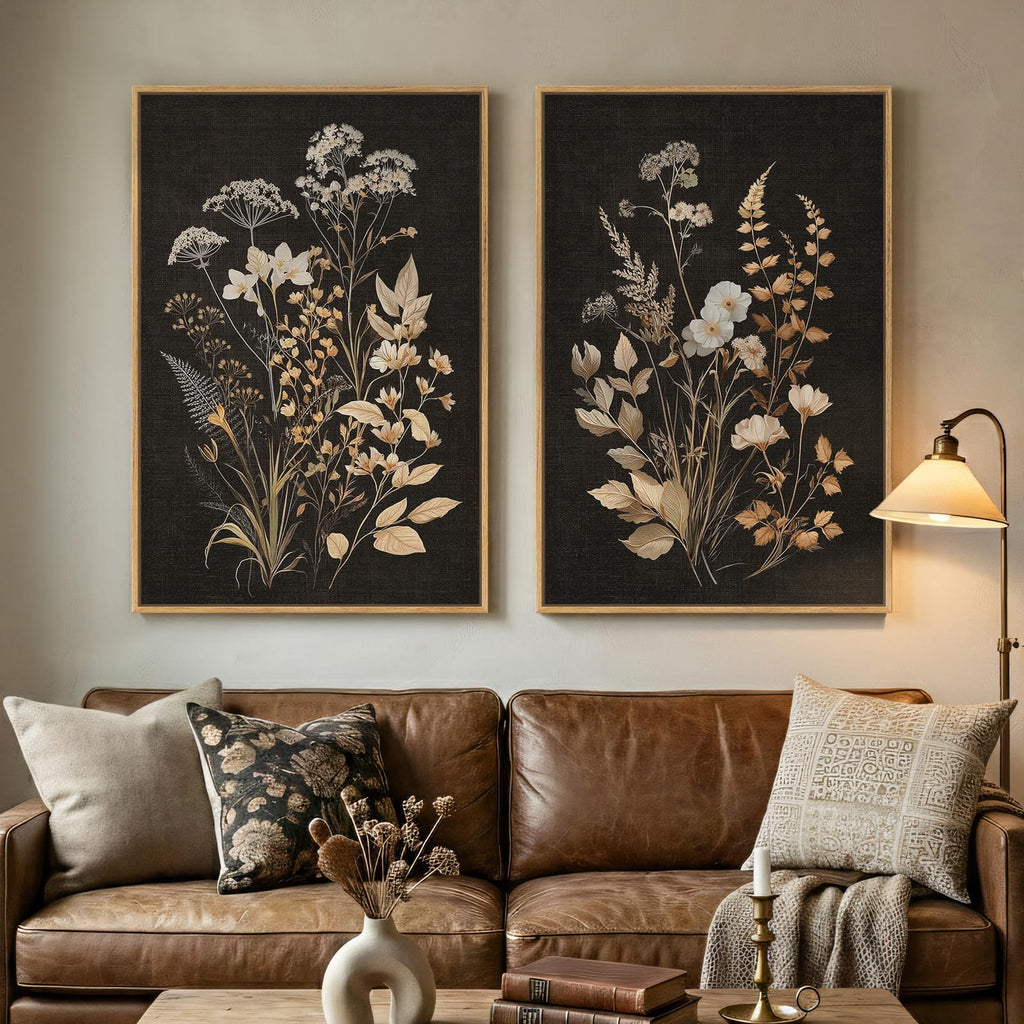 Large Framed Vintage Botanical Wall Art Set of 2, Neutral Antique Floral Canvas Painting Prints Artwork for Walls, Retro Rustic Farmhouse Flowers Pictures for Living Room Bedroom Wall Decor, 24x36 In
