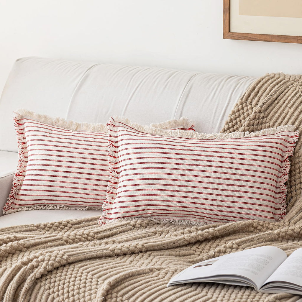 YEENAASY Throw Pillow Covers 24x24 Set of 2 Striped Fringe Pillow Cover Farmhouse Cushion Covers with Tassel Neutral Boho Pillows Decorative Square Pillowcase for Couch Sofa Bed, Khaki