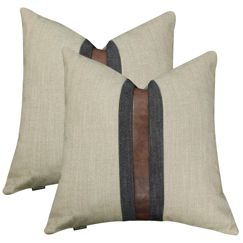 Set of 2 Leather Throw Pillow Covers Cotton Linen Decor Patchwork Pillow Cover Faux Leather Pillows Cover for Couch Sofa Living Room Bedroom,Beige 24"x24"