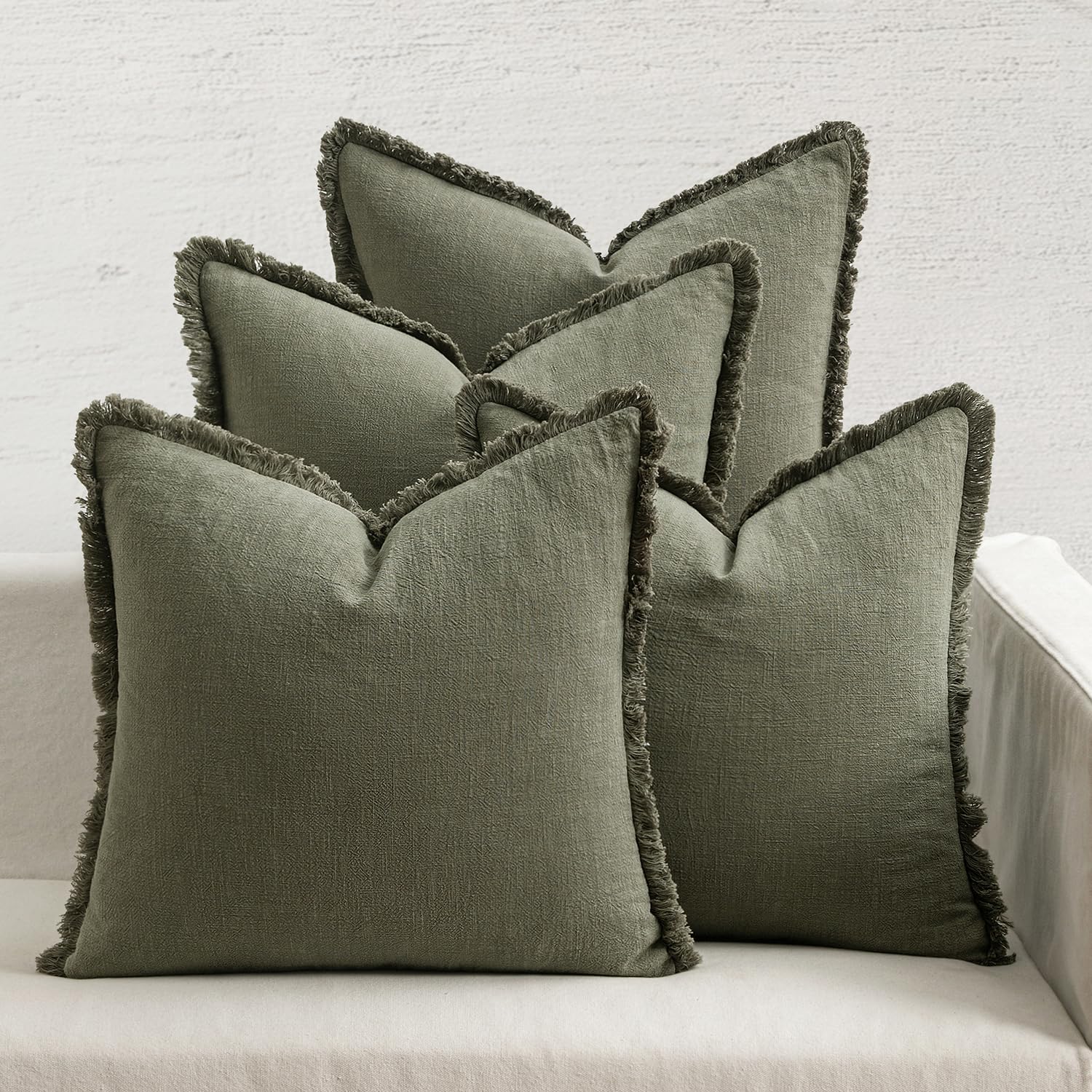 MIULEE Decorative Couch Pillow Covers Neutral Linen Fringe Throw Pillows Set of 4 Soft Rustic Cushions Boho Farmhouse Pillowcases for Bed Sofa Living Room Spring Decor 20x20 Inch Beige/Brown/Green