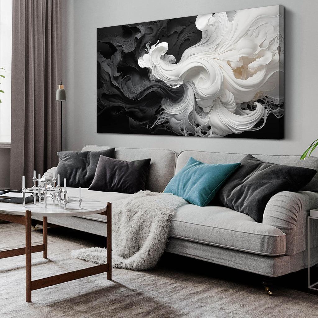 Abstract Black and White Wall Art for Living Room, Modern Minimalist Neutral Canvas Printed Painting Decorative-Picture Wall-Decor Artwork for Bedroom Dining Room Home Office, Size 40x20 Inches
