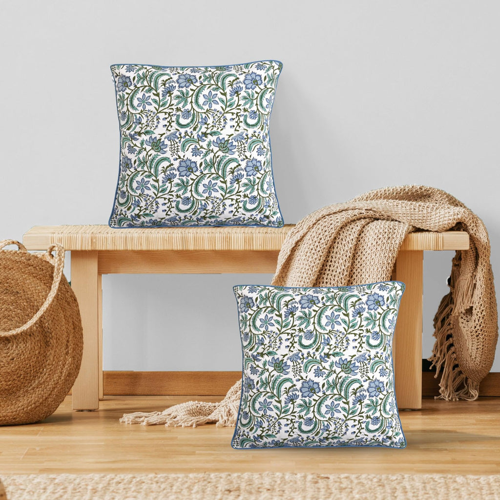 Ridhi Block Print Asparagus Green Pillow Cover 20" x 20" (Pack of 2) Decorative Couch Pillows for Living Room, Farmhouse Chic Boho Cute Outdoor Pillows Covers Gifts for Spring, Mother's Day