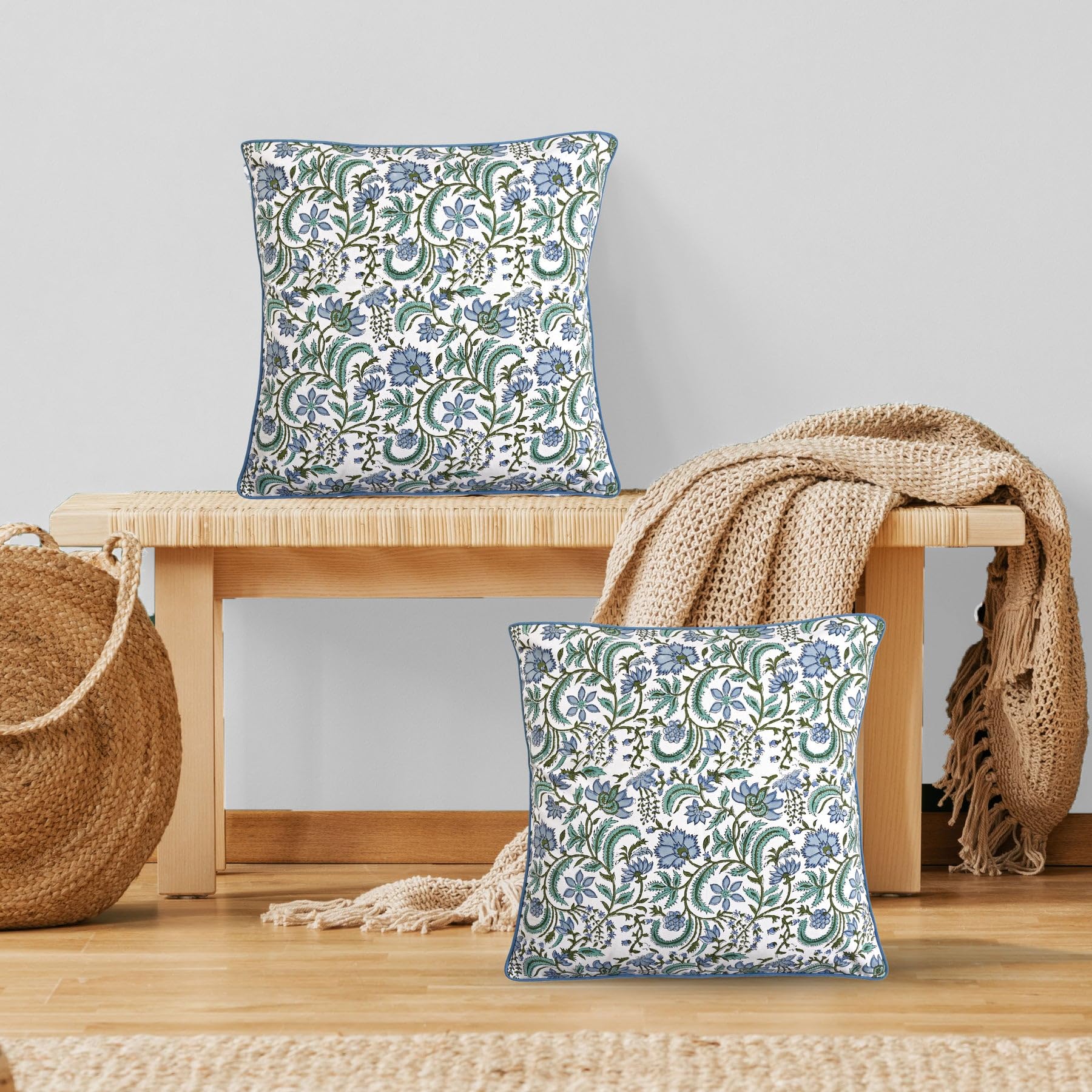 Ridhi Block Print Asparagus Green Pillow Cover 20" x 20" (Pack of 2) Decorative Couch Pillows for Living Room, Farmhouse Chic Boho Cute Outdoor Pillows Covers Gifts for Spring, Mother's Day