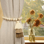 No Drill Curtain Tiebacks with Strong Magnetic Closure, Natural Wood Beads Boho Holdbacks with Triple Tassels for Living Room, Bedroom, Office Drapes,Set of 4,Beige Taupe Brown