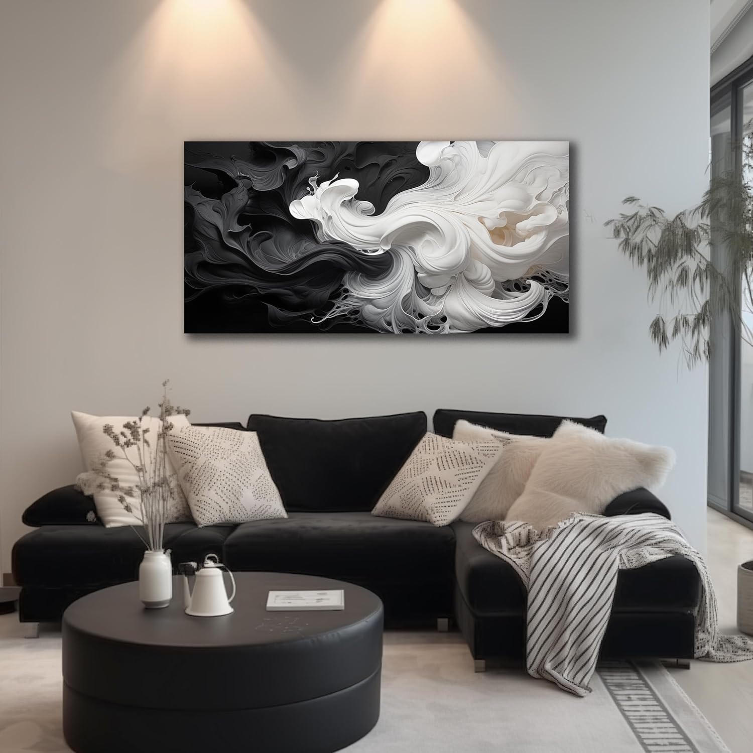 Abstract Black and White Wall Art for Living Room, Modern Minimalist Neutral Canvas Printed Painting Decorative-Picture Wall-Decor Artwork for Bedroom Dining Room Home Office, Size 40x20 Inches