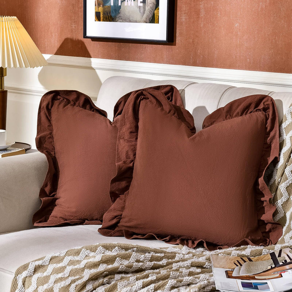 24×24" Ruffle Cotton Throw Pillow Covers, 2 Pack Beige
