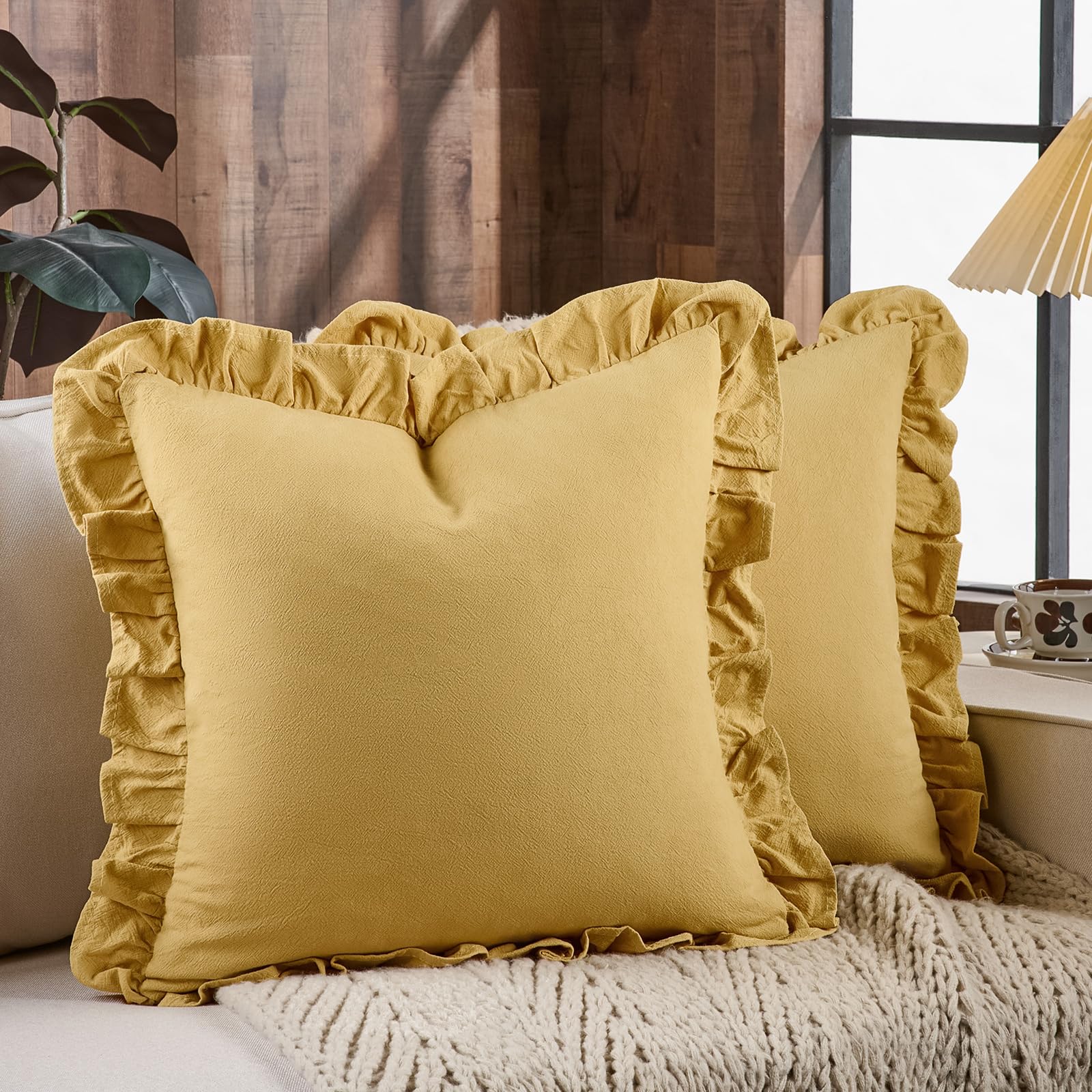 24×24" Ruffle Cotton Throw Pillow Covers, 2 Pack Beige
