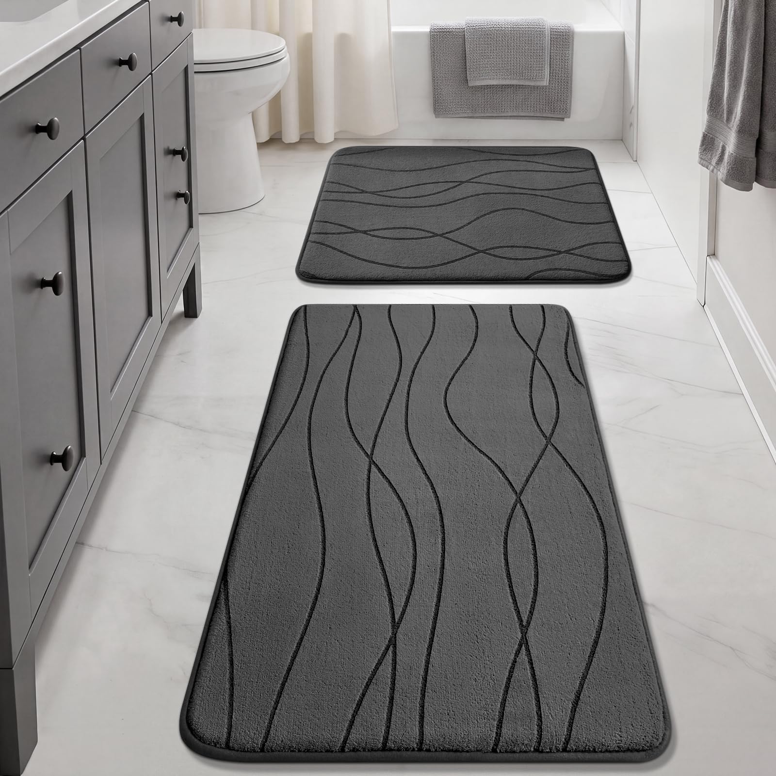 YIHOUSE Memory Foam Grey Bathroom Rug Sets 5 Piece, Ultra Absorbent Bath Mat for Bathroom - Non-Slip Machine Washable & Dry Quickly, 5 Piece Bathroom Mat Set, Dark Grey