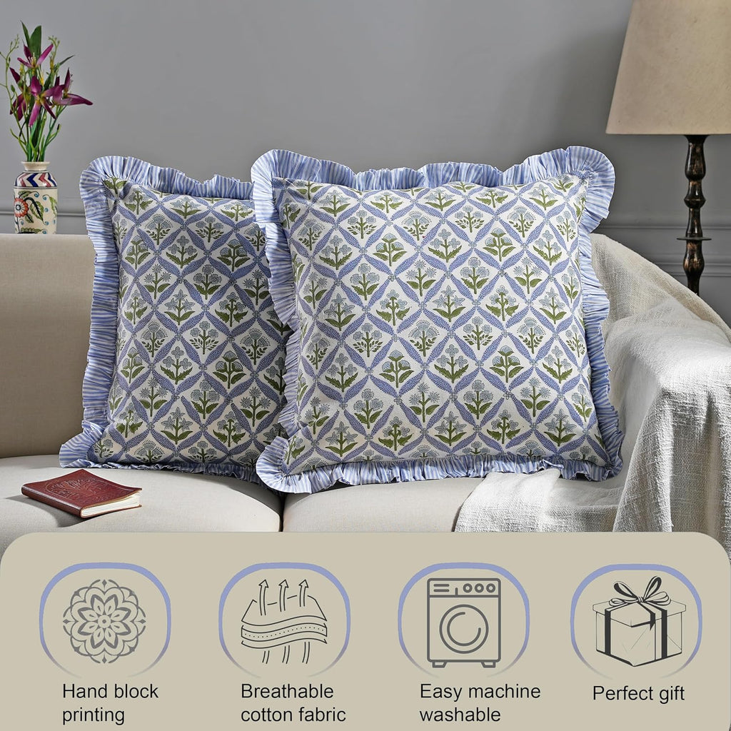 Ridhi Block Print Light Steel Blue Throw Pillow Cover 18" x 18" (Pack of 2) Decorative Cushion Covers with Ruffle for Couch, Sofa, Bed, Living Room, Home Decor Gift for Spring, Easter, Valentine