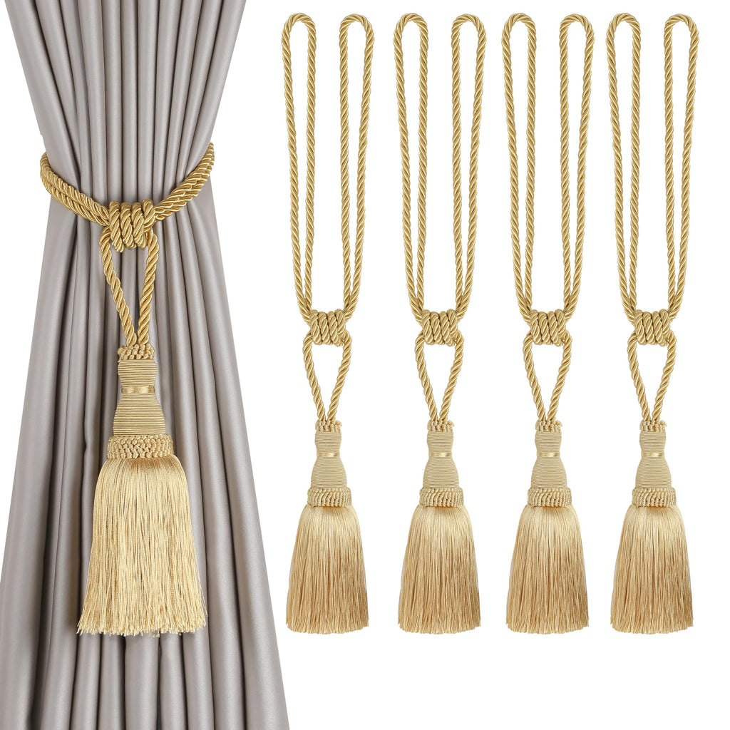 BEL AVENIR 2 Pack Curtain Tiebacks Tassel Drapery Tie-Backs Rope Handmade Holdbacks Home Office Hotel Decorative (Gold, 4 Pack)