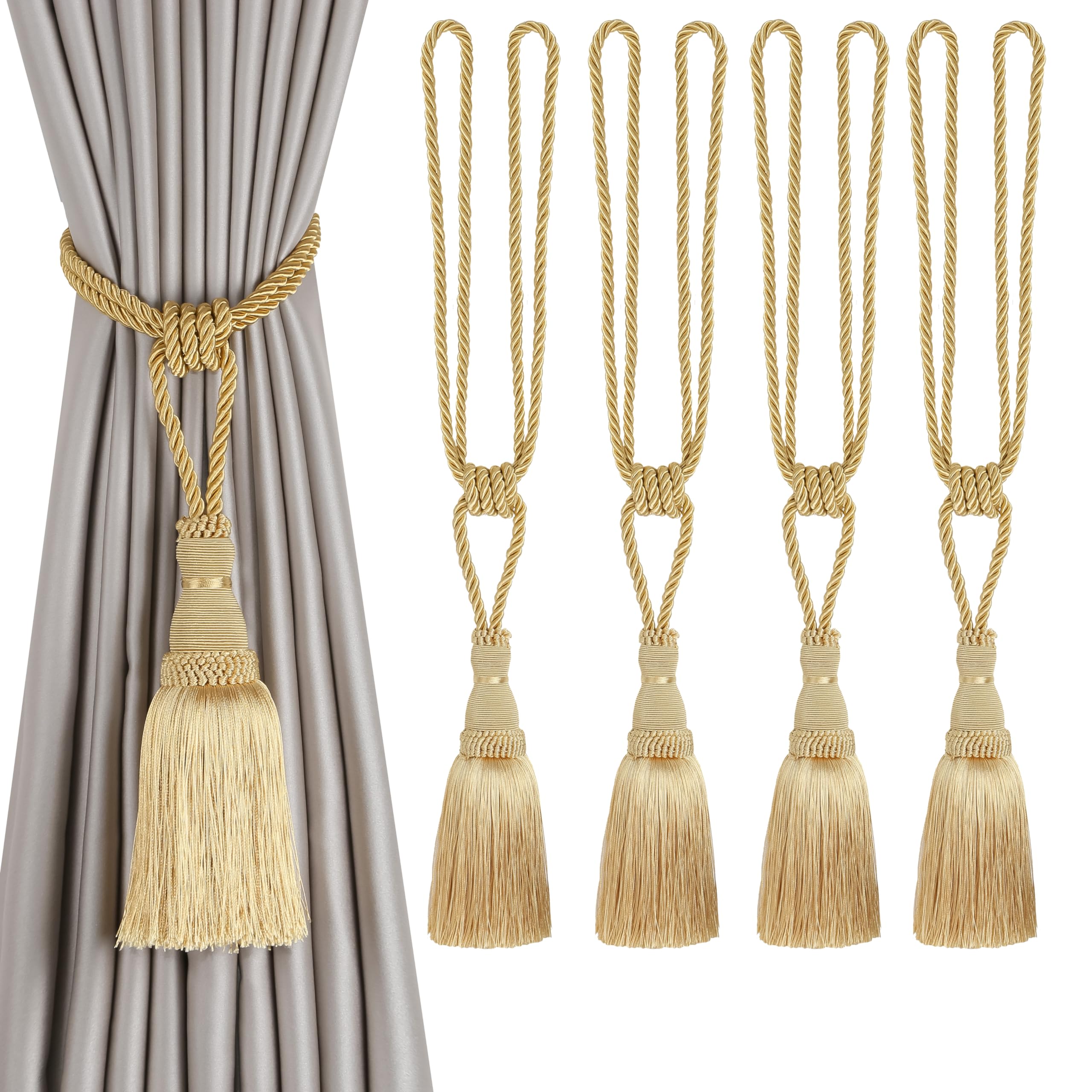 BEL AVENIR 2 Pack Curtain Tiebacks Tassel Drapery Tie-Backs Rope Handmade Holdbacks Home Office Hotel Decorative (Gold, 4 Pack)