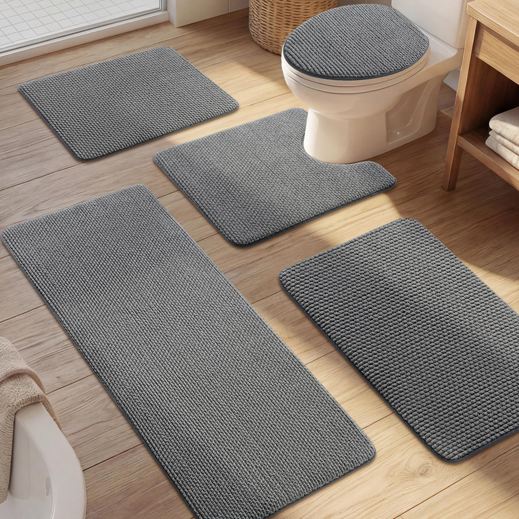 YIHOUSE Bathroom Rugs Set 5 Piece, Extra Soft Absorbent Chenille Bath Mats & U-Shaped Contour Toilet Rug, Non Slip Machine Washable Bath Mat for Shower Tub Sink, Beige