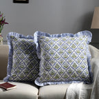 Ridhi Block Print Light Steel Blue Throw Pillow Cover 18" x 18" (Pack of 2) Decorative Cushion Covers with Ruffle for Couch, Sofa, Bed, Living Room, Home Decor Gift for Spring, Easter, Valentine