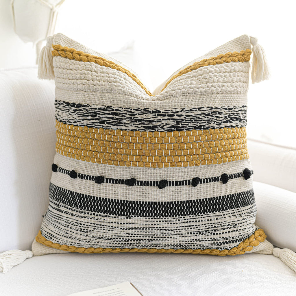 BlissBlush Coastal Blue Boho Decorative Throw Pillow Cover 22x22 Modern Bohemian Accent Pillow Case Square Woven Textured Farmhouse Pillows for Couch Bed (Pack of 1)