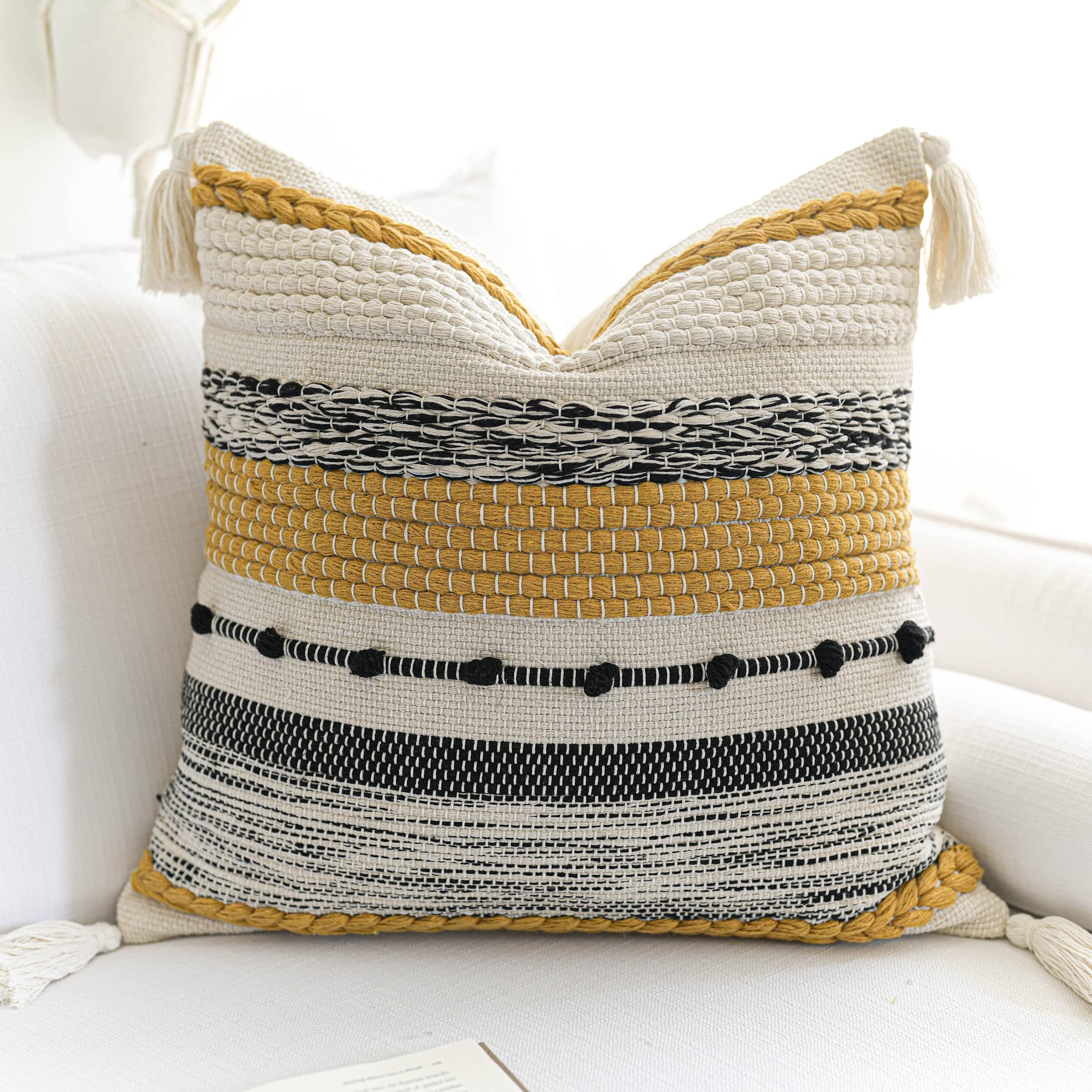 BlissBlush Coastal Blue Boho Decorative Throw Pillow Cover 22x22 Modern Bohemian Accent Pillow Case Square Woven Textured Farmhouse Pillows for Couch Bed (Pack of 1)
