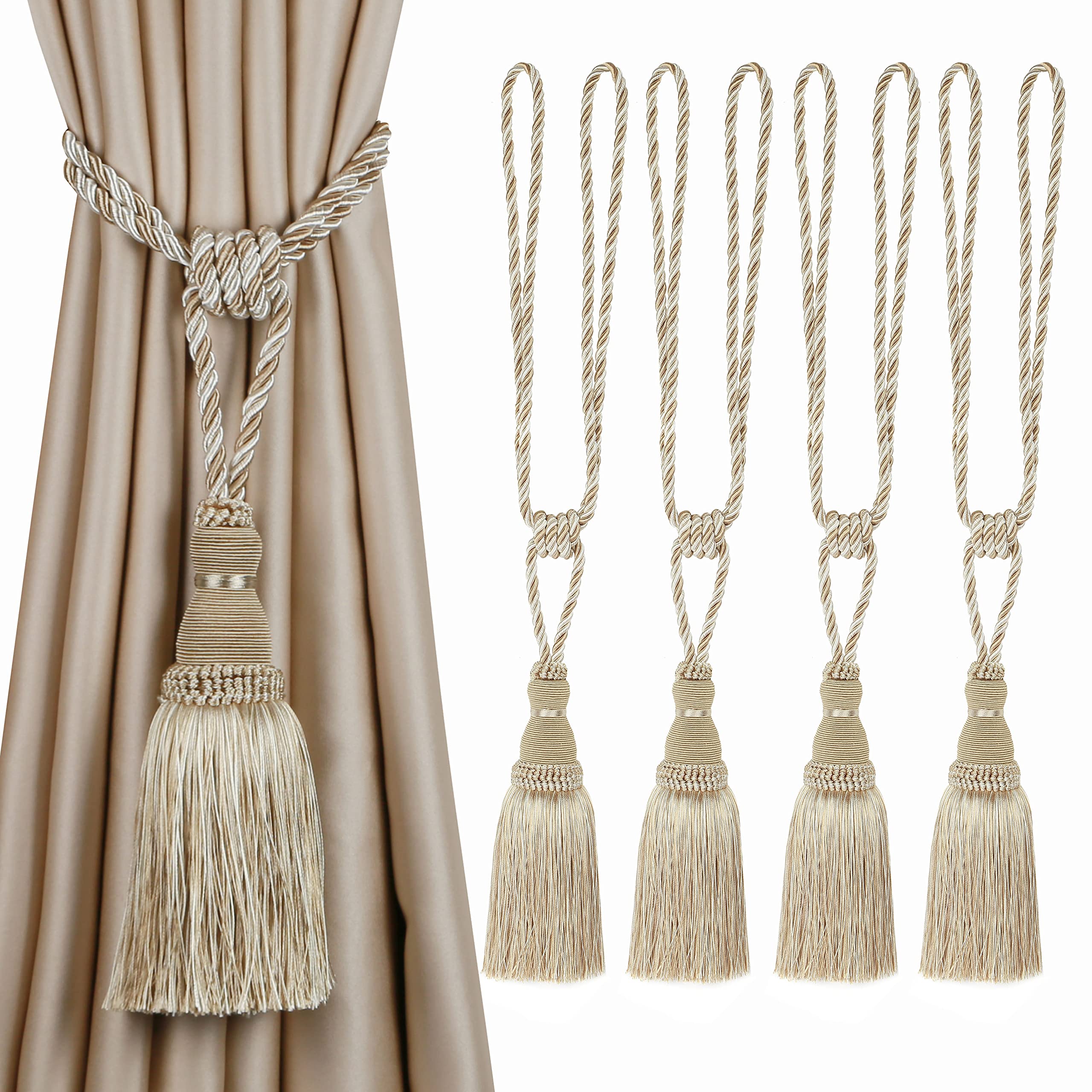 BEL AVENIR 2 Pack Curtain Tiebacks Tassel Drapery Tie-Backs Rope Handmade Holdbacks Home Office Hotel Decorative (Gold, 4 Pack)