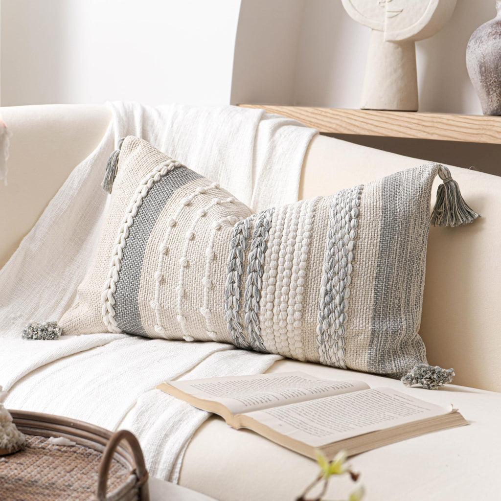 BlissBlush Coastal Blue Boho Decorative Throw Pillow Cover 22x22 Modern Bohemian Accent Pillow Case Square Woven Textured Farmhouse Pillows for Couch Bed (Pack of 1)