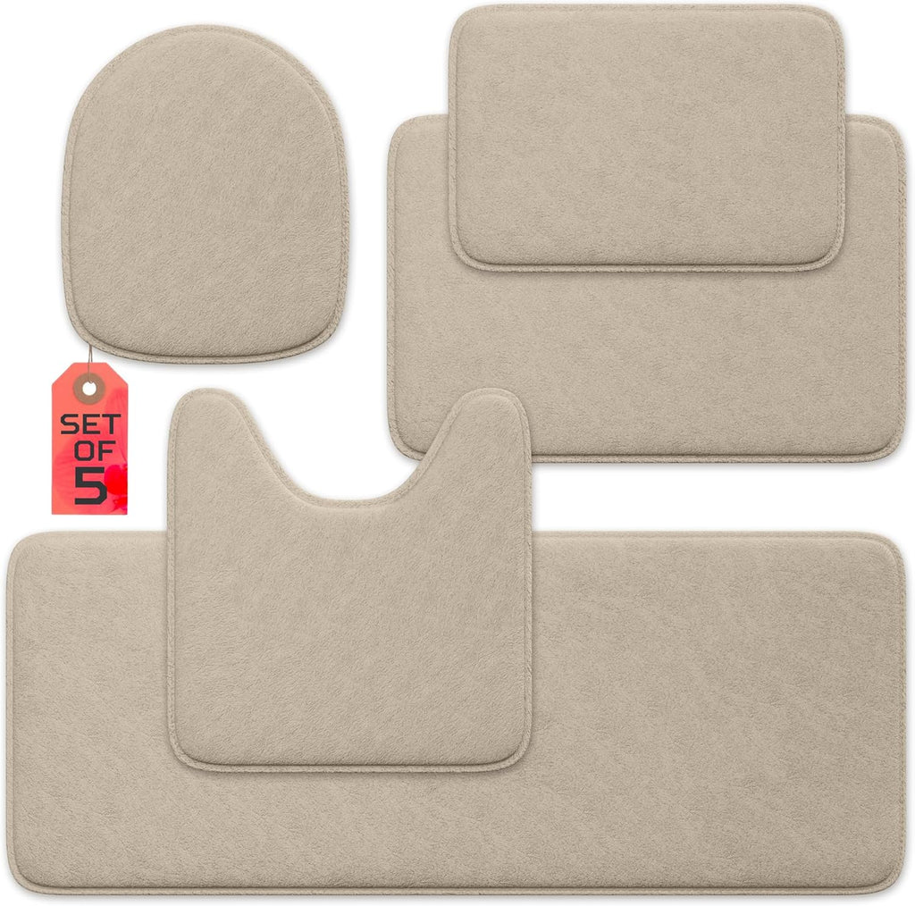 5-Piece Bathroom Rug Set - Memory Foam Bath Mats, Non-Slip, Ultra-Soft, Water Absorbent, Machine Washable Bathroom Rugs - Beige
