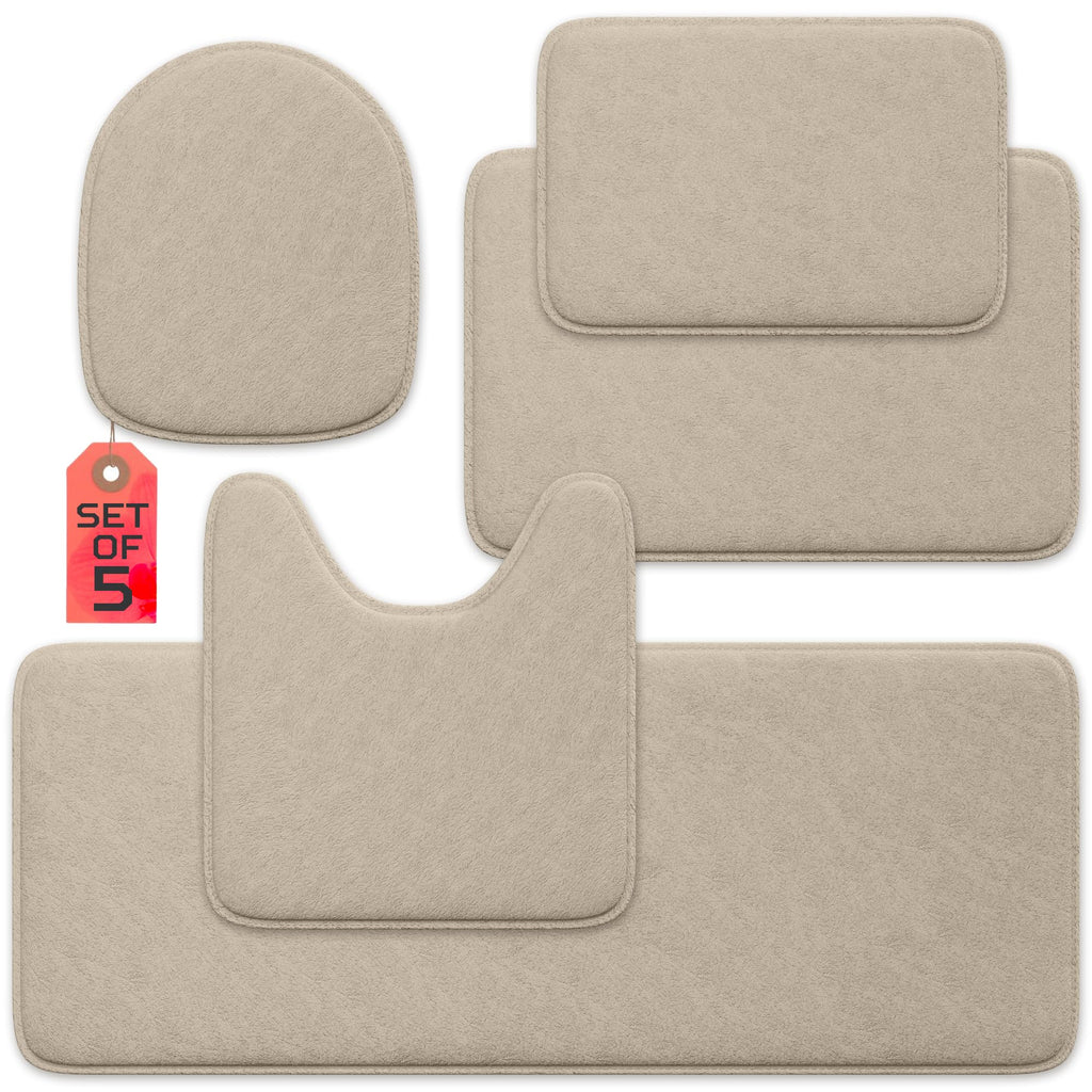5-Piece Bathroom Rug Set - Memory Foam Bath Mats, Non-Slip, Ultra-Soft, Water Absorbent, Machine Washable Bathroom Rugs - Beige