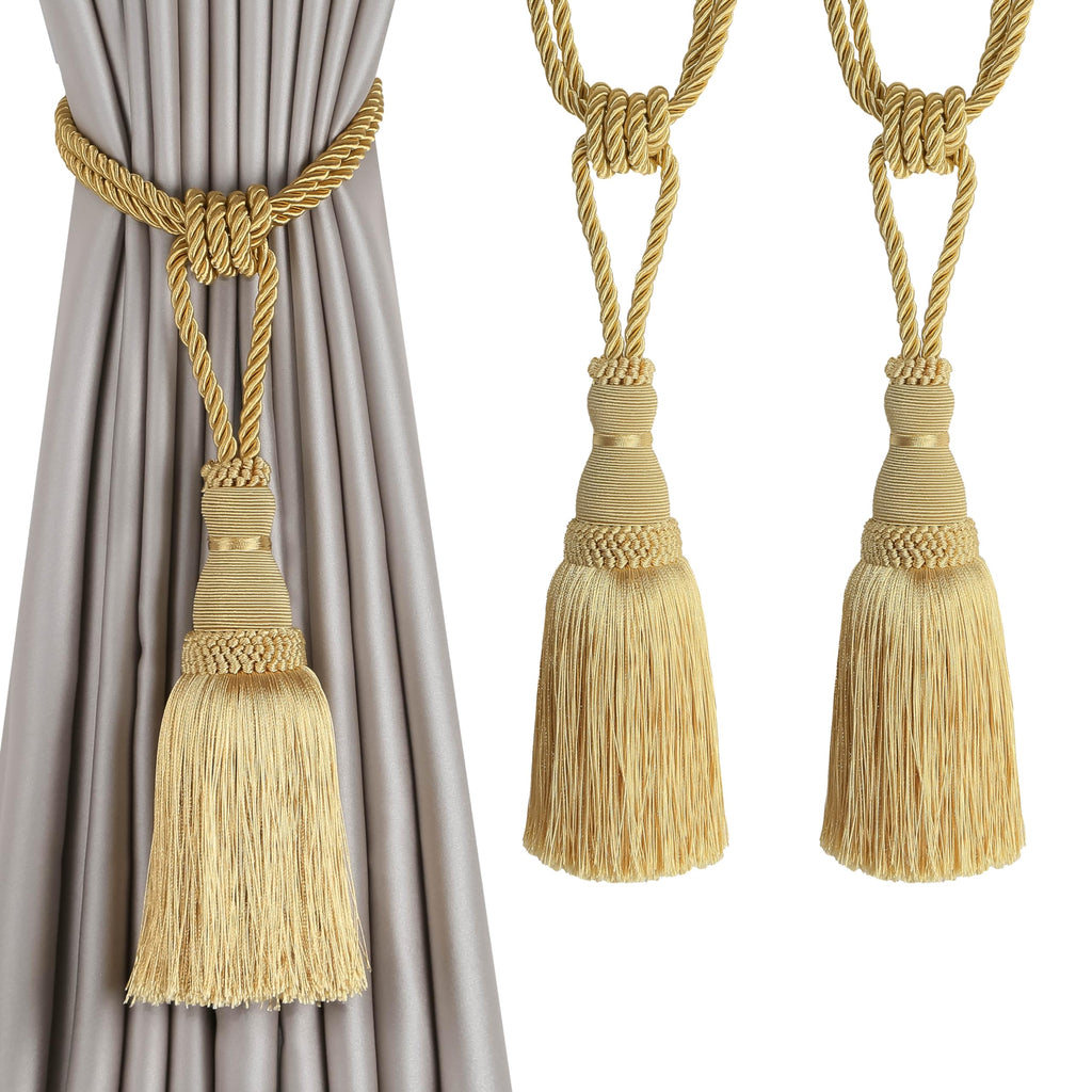 BEL AVENIR 2 Pack Curtain Tiebacks Tassel Drapery Tie-Backs Rope Handmade Holdbacks Home Office Hotel Decorative (Gold, 4 Pack)