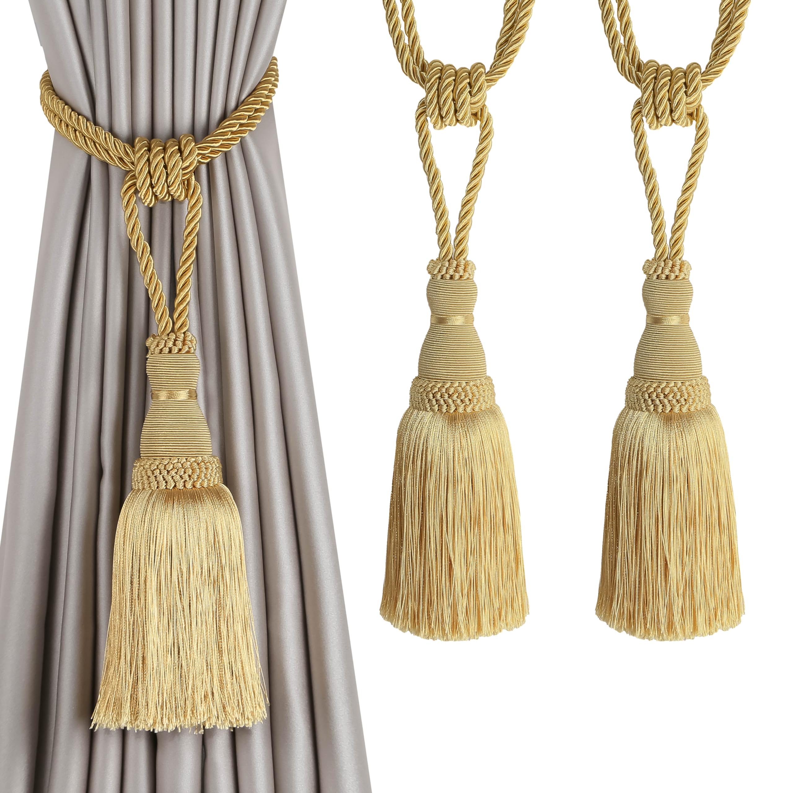 BEL AVENIR 2 Pack Curtain Tiebacks Tassel Drapery Tie-Backs Rope Handmade Holdbacks Home Office Hotel Decorative (Gold, 4 Pack)