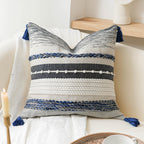 BlissBlush Coastal Blue Boho Decorative Throw Pillow Cover 22x22 Modern Bohemian Accent Pillow Case Square Woven Textured Farmhouse Pillows for Couch Bed (Pack of 1)