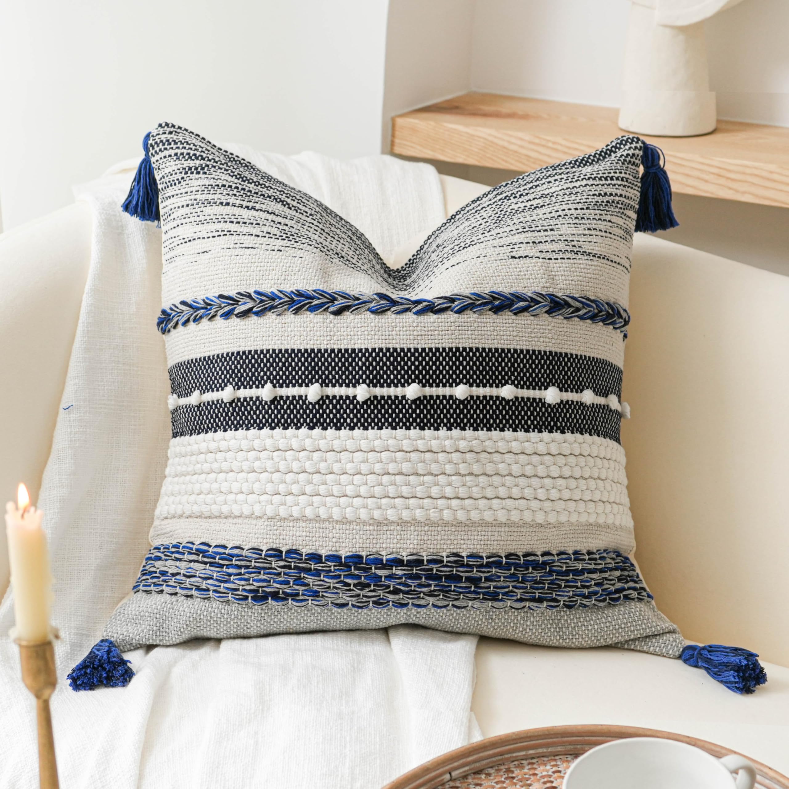 BlissBlush Coastal Blue Boho Decorative Throw Pillow Cover 22x22 Modern Bohemian Accent Pillow Case Square Woven Textured Farmhouse Pillows for Couch Bed (Pack of 1)