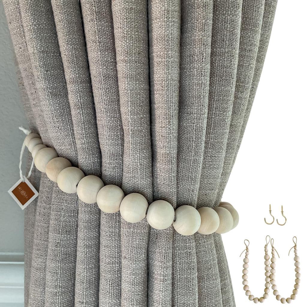 Deco Azul Curtain Tiebacks – Set of 2 Boho Wood Bead Holdbacks with Brass Hooks – Rustic Curtain Tie Backs for Drapes, Bedroom, Nursery, or Kitchen (22 Inches)
