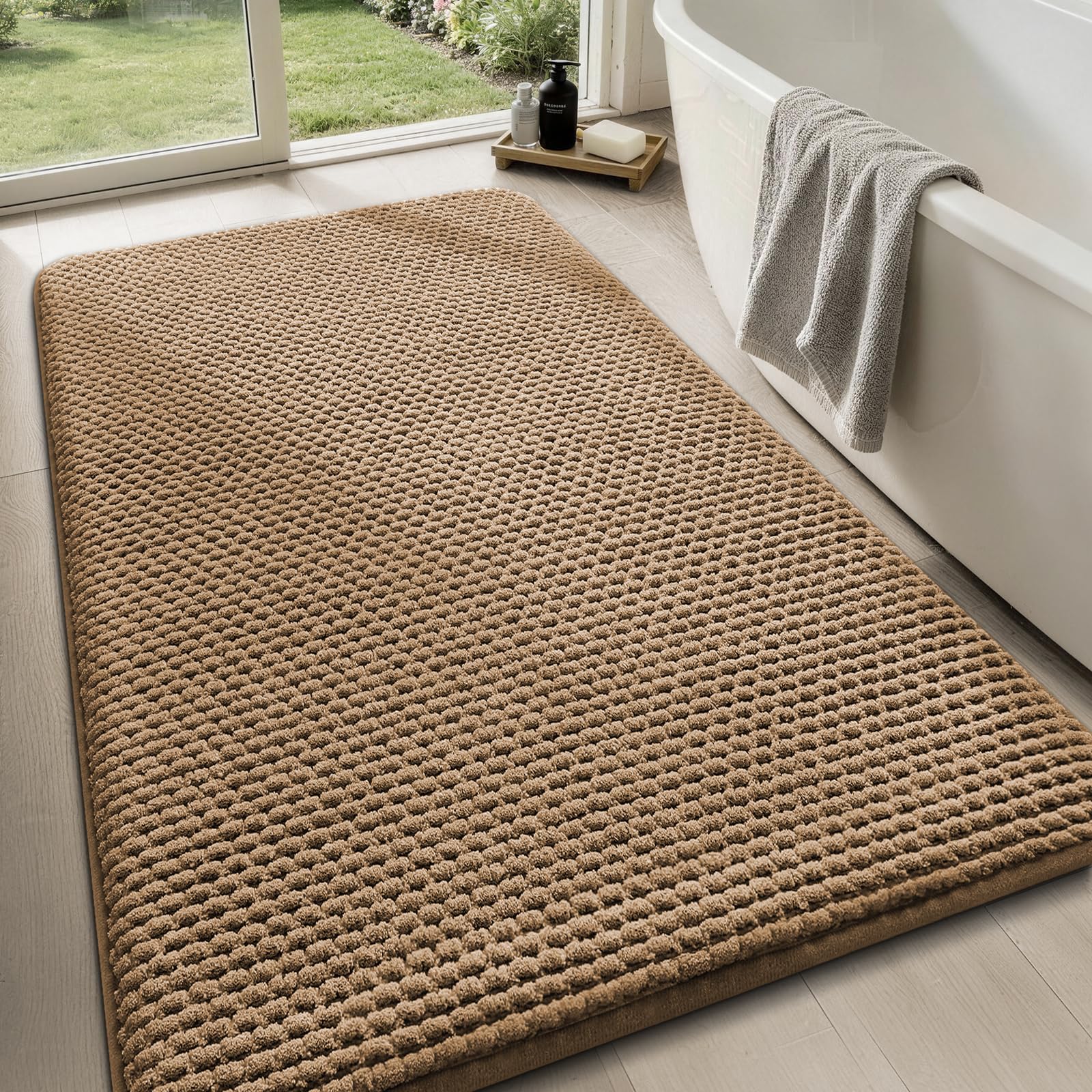 YIHOUSE Bathroom Rugs Set 5 Piece, Extra Soft Absorbent Chenille Bath Mats & U-Shaped Contour Toilet Rug, Non Slip Machine Washable Bath Mat for Shower Tub Sink, Beige