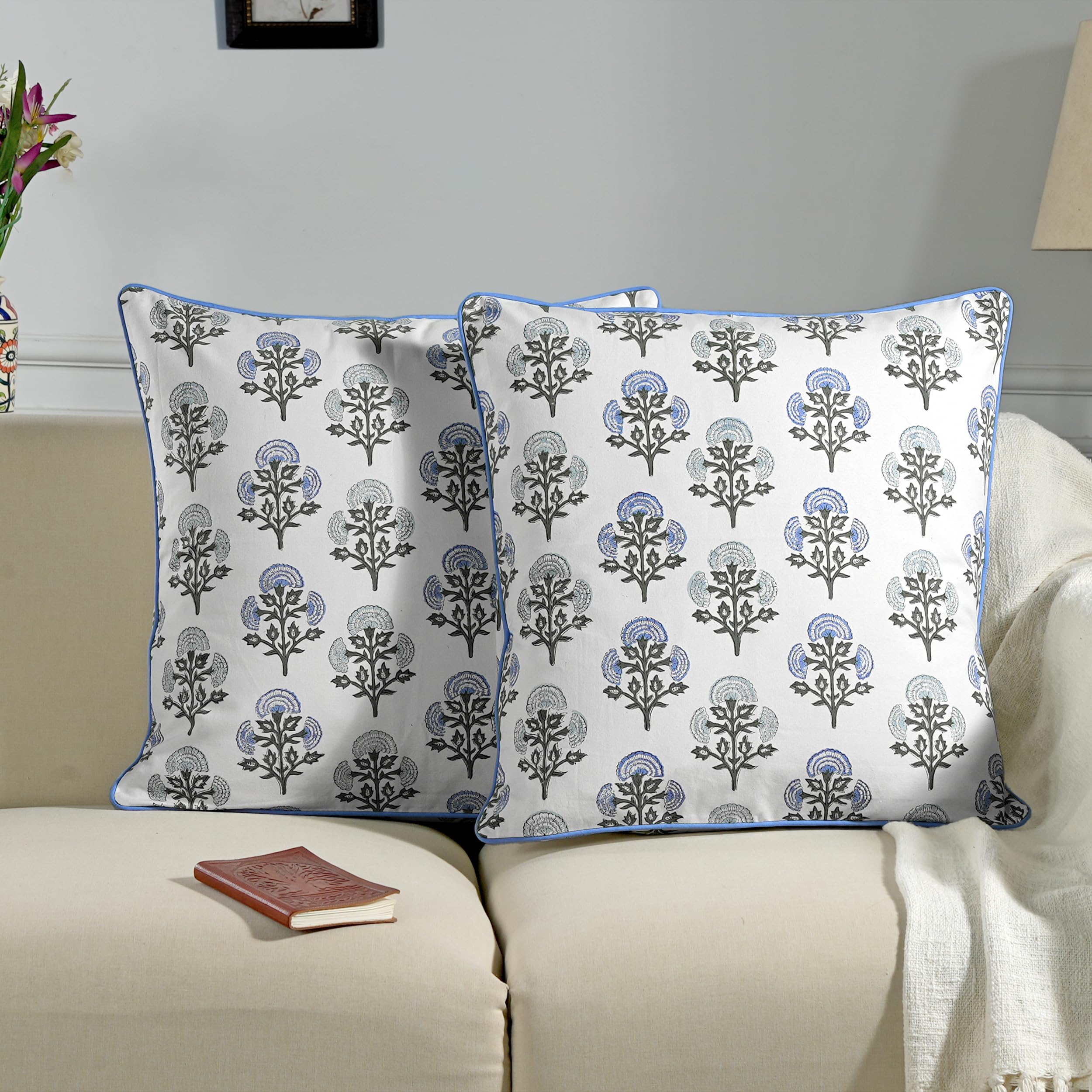 Ridhi Block Print Asparagus Green Pillow Cover 20" x 20" (Pack of 2) Decorative Couch Pillows for Living Room, Farmhouse Chic Boho Cute Outdoor Pillows Covers Gifts for Spring, Mother's Day