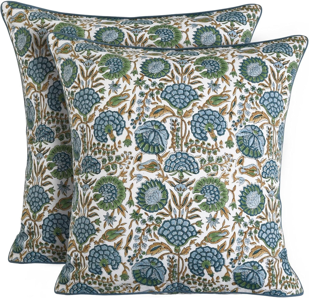 Ridhi Block Print Asparagus Green Pillow Cover 20" x 20" (Pack of 2) Decorative Couch Pillows for Living Room, Farmhouse Chic Boho Cute Outdoor Pillows Covers Gifts for Spring, Mother's Day